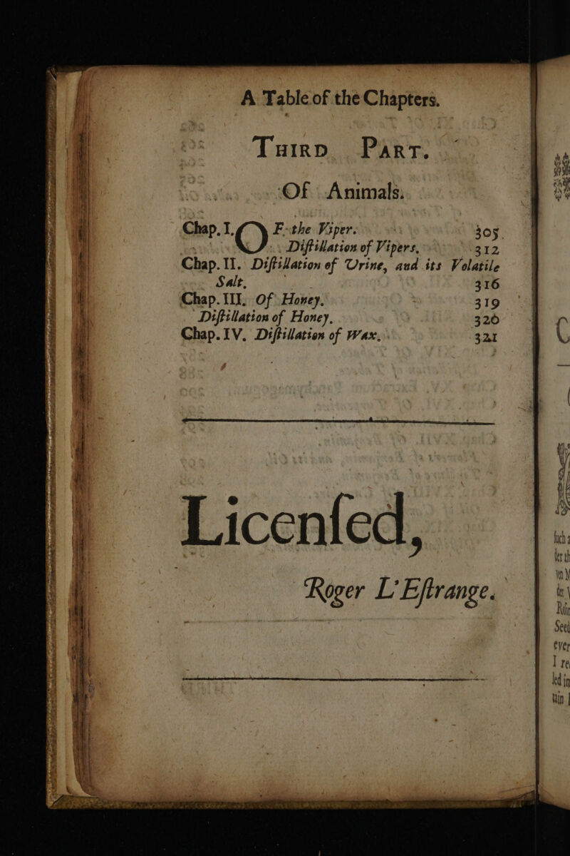 Tuirp Parr. Of Animals: Chap, I, © F:the Viper. $05. | Diffillation of Vipers, Chap. IT. DifisLation of Urine, aud its Volatile Salt, 316 Chap. III, Of Honey. 319 Diffillation of Honey, 320 Chap. IV. Diftillation of Wax. ‘321