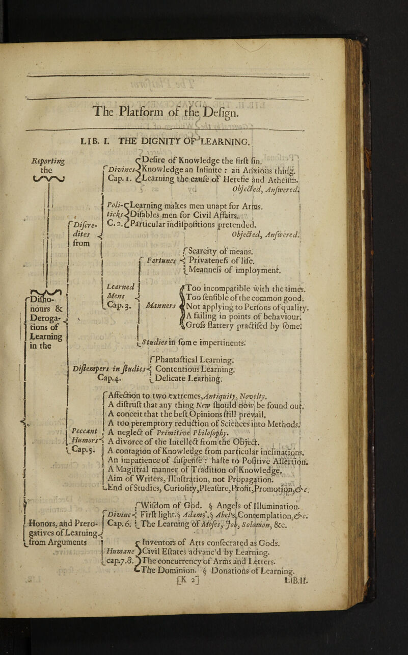 *'.j. 1 The Platform of the Defign. LIB. I. THE DIGNITY OF'LEARNING. ? •••.-• i ... . Reporting r Defire of Knowledge the firft fin. the ^Divines JKnowledge an Infinite : an Anxious thing. UV\; I Cap. i. ^Learning thecaufe of Herefie and Atheifttr. I 5 ' ;j Objected^ Anfwered. j . I j iW/'-cLearning makes men unapt for Arins. j I ^^^Diiables men for Civil Affairs. f Difcre- j C.2.(JlParticular indifpofitions pretended. “ dites ^ Objected) Anfweredl from f Scarcity of means. f Fortunes ^ Privatenefs of life, j '^Meanneis of imployment I f rjjiino- nours 8c Deroga- < tions of JLearning in the Learned J Mens #Too incompatible with the times. vtToo fenfible of the common good. ^Cap.fb j Manners «Not applying to Perlons of quality. n A failing in points of behaviour. *|,Grofi flattery pradiled by forne: \ 11 [^Studies in fame impertinents.' a. * f . / l •* *' ' &•*** J *- i • TPhantaftical Learning. Dijlempers in Jludies<< Contentious Learning. Cap.4. ^Delicate Learfiing, ■ . • ■ ' * ; / s • f Aiffedion to two extreme%Antiqnity^ Novelty. J A diftmft that any thing New fhould now be found out, j A conceit that the beft Opinions ftill prevail, A too peremptory reduction of Sciences into Methods.* Peccant , A neglegi of Primitive Philofophy. Humors^ A divorce of the Intel led: from the Objed. lCaP-5- j A contagion of Knowledge from particular inclinations. j An impatience of fufpenfe : hafte to Pofitive Aflduon. j A Magiftral manner of Tradition of Knowledge, j Aim of Writers,, Illuftrdtion5 not Propagation. „End ofStudies3 Curiofity3Pleafure3Rrofit5Promot!onjC^c tl , ! 1 '[C'/ r., • 1 • \ \ K I rWifdom of God. § Angels oflllumination. fDivined Firfi: light.^ Adams'.§ ^^e/^Contemplation^c. I Honors, and Prero- J Cap. 6, j^The Learning of Mdfesyjob3 Solomon5 8cc. gatives of Learning^ * k j ^from Arguments r Inventors of Arts confecrated as Gods. Humane y Civil Eftates advanc’d by Learning. ^cap.y.S.jThe concurrency of Arms and Letters. The Dominion. § Donations of Learning, fK 2] Li&ir.