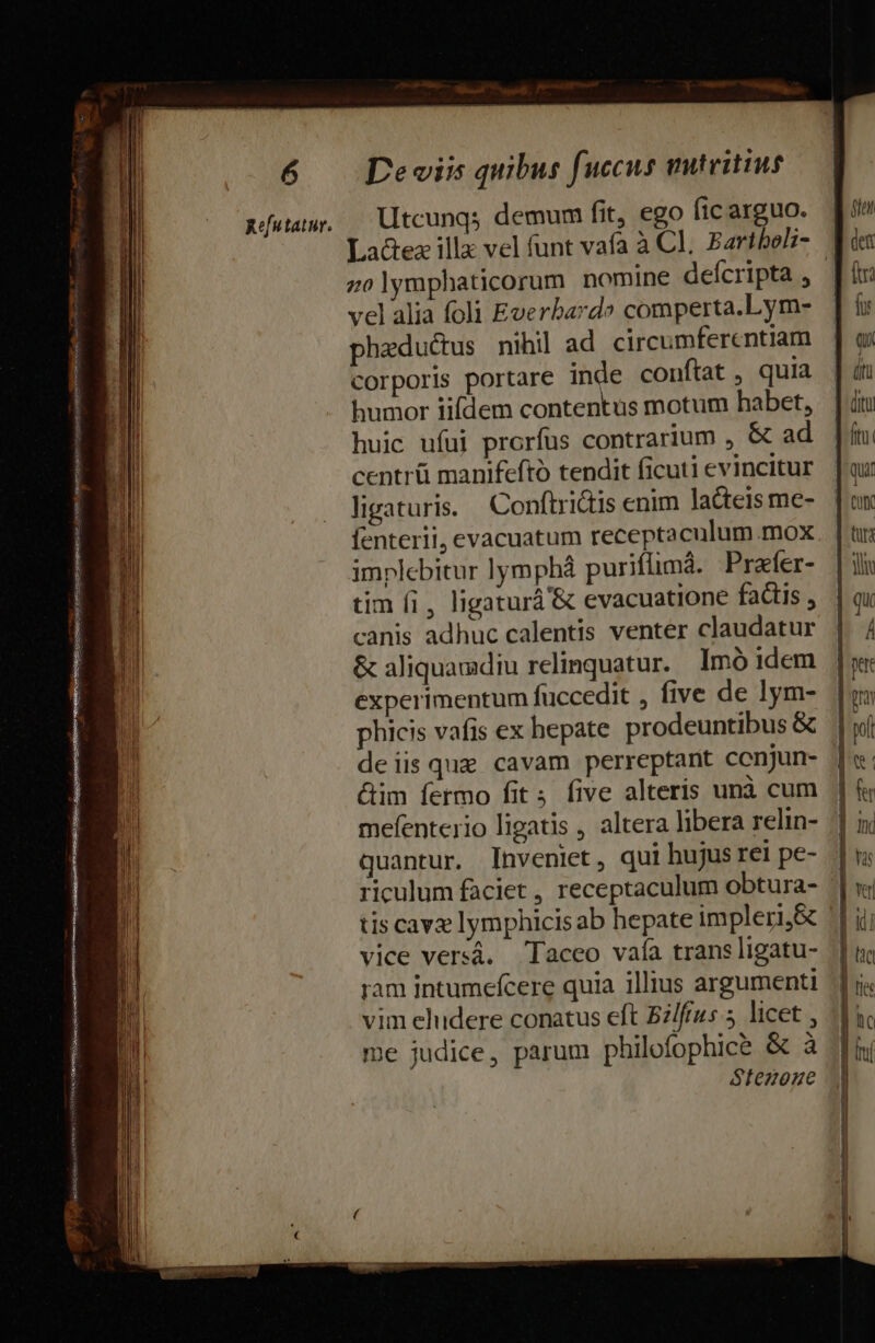 Refutatur. Utcunqs demum fit, ego fic arguo. La&amp;ez illa vel funt vafa à Cl, Bartbol- vel alia foli Everbard» comperta.Lym- pheductus nihil ad circumferentiam corporis portare inde conftat , quia humor iifdem contentus motum habet, huic ufui prorfus contrarium , &amp; ad centrü manifeftó tendit ficuti evincitur ligaturis. Conftridtis enim lacteis me- fenterii, evacuatum receptaculum mox implebitur lymphá puriflimá. Prafer- tim fi, ligatur '&amp; evacuatione fatis , canis adhuc calentis venter claudatur &amp; aliquamdiu relinquatur. Imó idem experimentum fuccedit , five de lym- deiisqua cavam perreptant cenjun- &amp;im fermo fit; five alteris unà cum mefenterio ligatis , altera libera relin- quantur. Inveniet, qui hujus rei pe- tis cav lymphicis ab hepate impleri,&amp; vice versá. Taceo vaía trans ligatu- ram intumefcere quia illius argumenti vim eludere conatus eft Bz/ffus 5 licet , me judice, parum philofophice &amp; à $tenonue fin wol o: