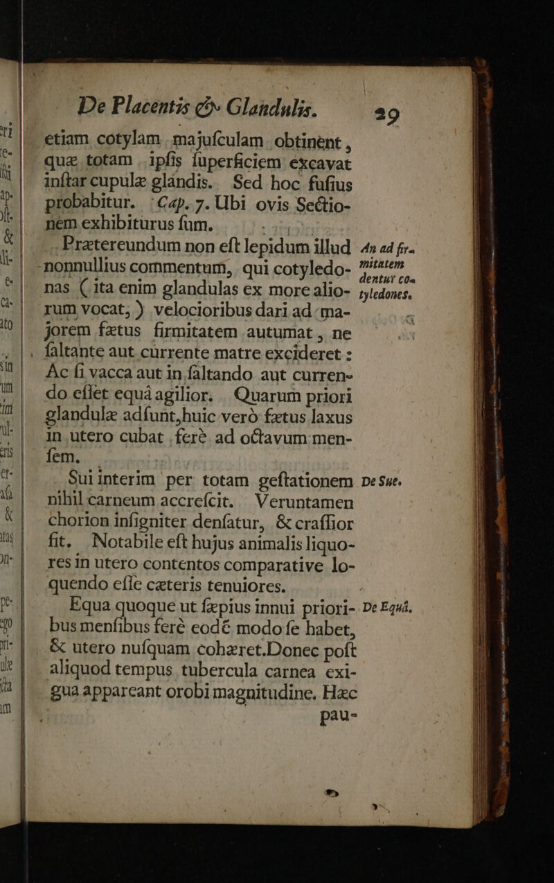 etiam cotylam | majufculam | obtinent , qua totam. ipfis fuperficiem excavat inftar cupule glándis. Sed hoc fufius probabitur. :C4p. 7. bi ovis Sectio- nem exhibiturus fum. VPTPdfa Pratereundum non eft lepidum illud nas ( ita enim glandulas ex more alio- rum vocat; ) velocioribus dari ad :ma- jorem fatus firmitatem autumat , ne Ac íi vacca aut in faltando aut curren- do eflet equáagilior. . Quarum priori 2landulz adfunt,huic veró fzxtus laxus in utero cubat ,fer&amp; ad octavum men- lem. | Suiinterim per totam geftationem nihil carneum accreícit. Veruntamen chorlon infigniter denfatur, &amp; craffior fit, Notabile eft hujus animalis liquo- res in utero contentos comparative lo- quendo efle czteris tenuiores. Equa quoque ut fzpius innui priori- bus menfibus feré eodé modo fe habet, &amp; utero nufquam cohzret.Donec poft aliquod tempus tubercula carnea exi- gua apparcant orobi magnitudine. Hac pau- 29 ^n ad fir. nitatem dentur C0« tyledones, De Sue. De Equá, vos ert sa A Br sata ticas tardis sogna ott e pct rit » ese -- — | p——— bete dug. a bati, hae gir man El