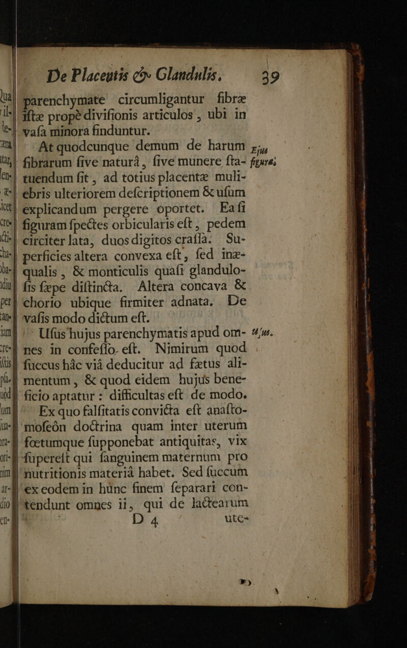 | parenchymate circumligantur fibra it: prop? divifionis articulos , ubi in | vafa minora finduntur. | tuendum fit , ad totius placentae muli- | ebris ulteriorem defcriptionem &amp; ufün Wf! explicandum pergere oportet. Eafi M fipuram fpectes orbicularis eft, pedem (| eirciterlata, duosdigitos crafíà: Su- Ji-| perficies altera convexa eft, fed inz- l| qualis , &amp; monticulis quaft glandulo- Uil frs fepe diftin&amp;ta. Altera concava &amp; KE chorio ubique firmiter adnata. De 4*1 vafis modo dictum eft. um: Ulfüs hujus parenchymatis apud om- I*| nes in confeflo. eft. Nimirum quod (isl fuccus hác vià deducitur ad fetus ali- | mentum , &amp; quod eidem hujus bene- ficio aptatur : difficultas eft de modo. (f^ Exquofalfitatis convi&amp;ta eft anaíto- uM 'mofeón doctrina quam inter uterum 1- f foetumque fupponebat antiquitas, vix yf fupereft qui fanguinem maternum pro iE nutritionis materià habet. Sed fuccum i- ex eodem in hünc finem feparart con- iol tendunt omnes ii, qui de ladearum | D 4 utc- safliesnas — Pr—— M Dd auus M T d LU nae erae P—— À E E P