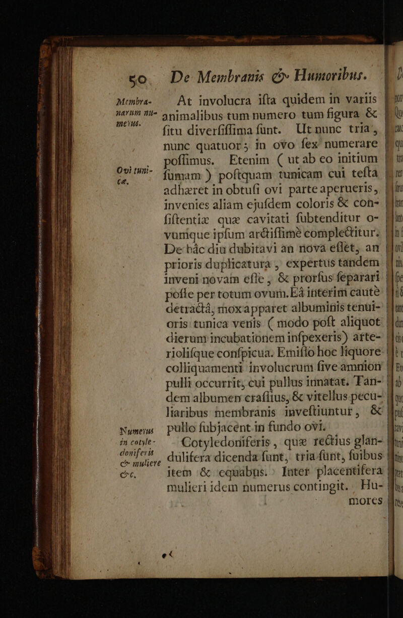 waa esegue erue SEDES Cue aiv mes ESÓSNAN QUIS ASSUM aSIReepeis cat, co. De Membrauis C» Humoribus. Membra. — At involucra ifta quidem in variis | narin ^ animalibus tum numero tum figura &amp; | De — fitu diverfiffimafünt. Utnunc tria; | nunc quatuor; in oYo fex numerare | ES offimus. Etenim ( utab eo initium | d fumam ) poftquam tunicam cui tefta E invenies aliam ejufdem coloris &amp; con- | fiftentiz qua cavitati fübtenditur o- | vurique ipfum arctiffimé complectitur. Wi De bác diu dubitavi an nova effet, an | prioris duplicatura , expertus tandém | inveni nova efle , &amp; prorfus féparari | pofle per totum ovum.E ititerim caute | detràctá; moxapparet albuminis tenüi- | oris tunica veriis ( modo poft aliquot | dierum incubationem infpexeris) afte- | riolifque confpicua. Emiflo hoc liquore- colliquamenti involucrum five amnion | pulli occurrit; cui pullus innatat, Tan- | dem albumen craflius, &amp; vitellus pecu- | liaribus membranis inveftiuntur, &amp;| Numews pullo fübjacent.in fundo OVI.  i Cotyledoniferis , qux rectius glan- | one ut . i in ^ .: * 1 cpu, dülifera dicenda funt, tria (ürit, fuibus | ct. item .&amp; cquabus.:^ Inter placentifera | mulieri idem numerus contingit... Hu- | mores