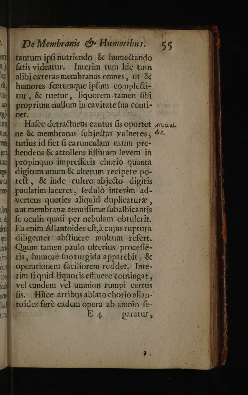 | tantum ipfi nutriendo &amp; humectando | fatis videatur. Interim tüm hic tum | alibiceteras membranas omnes, üt &amp; if. humores foetumque ipfum comple&amp;i- | tur, &amp; tuetur, liquorem tamen fibi «4 proprinm. nullum in cavitate fua conti- | net. Haíce detracturus cautus fis oportet. | ne &amp; membranas fubjectas vulneres ; | hendens &amp; attollens fiffüram levém' in | propinquo imprefleris chorio quanta | digitum unum &amp; alterum recipere po- | teft, &amp; inde cultro:abjedo | digitis paulatim laceres, feduló interim ad- | vertens quoties aliquid duplicaturz , | aut membrana tenuifIimz (ubalbicáiitis | fc oculis quaft per nebulam obtulerit. diligenter abftinere/ multum | refert. Quum tamen paulo ulterius. procefle- E ris, humore fuoturgida apparebit ; &amp; | operationem faciliorem reddet.. Inte- rim fi quid liquoris effluere contingat , vel eandem vel amnion rumpi certus I«tis. Hiíce artibus ablato chorio allan- [itoides fer&amp; eadem opera ab amnio fe- E 4 paratur ; Allan:oi- dc. —— EPFL Enn Sibilla -—-— - Sg. Sft aH E ue macer —mtdereee iata Ce emucintry tmn E wan Be iunidiéees cu ^ aM eR