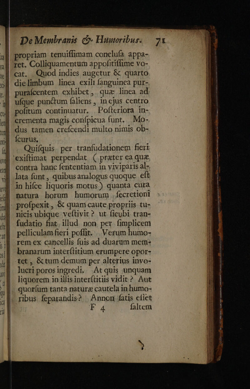 | | : | [ , xl a propriam tenuiffimam conclufa. appa- ret. Colliquamentum appofitiflime vo- cat. Quod indies augetur &amp; quarto dielimbum linea exili fanguinea pur- puraícentem exhibet, qua linea ad ufque punctum faliens , in cjus centro Ícurus, Quiíquis. per tranfudationem fieri contra hanc fententiam in viviparis al- lata funt, quibusanalogus quoque. eft in hifce liquoris motus) quanta cura natura horum humorum. fecretiont profpexit , &amp; quam caute propriis tu- nicis ubique veftivit? ut ficubi tran- fudatio fiat. illud. non. per. fimplicem pelliculam fieri poffit. |. Verum humo- rem ex cancellis fuis ad duarum mem: branarum interítitium erumpere opor- lucriporosingredi. Atquis unquam liquorem in illis interftitiis vidit ? Aut quor(um tanta naturz cautela in humo- ribus. feparandis? |. Annon fatis ellet | F 4 falte BE eus Je Co PRECII. RI dr sapient (ONES ien Ra IRSE C n mote nnn xo m v»