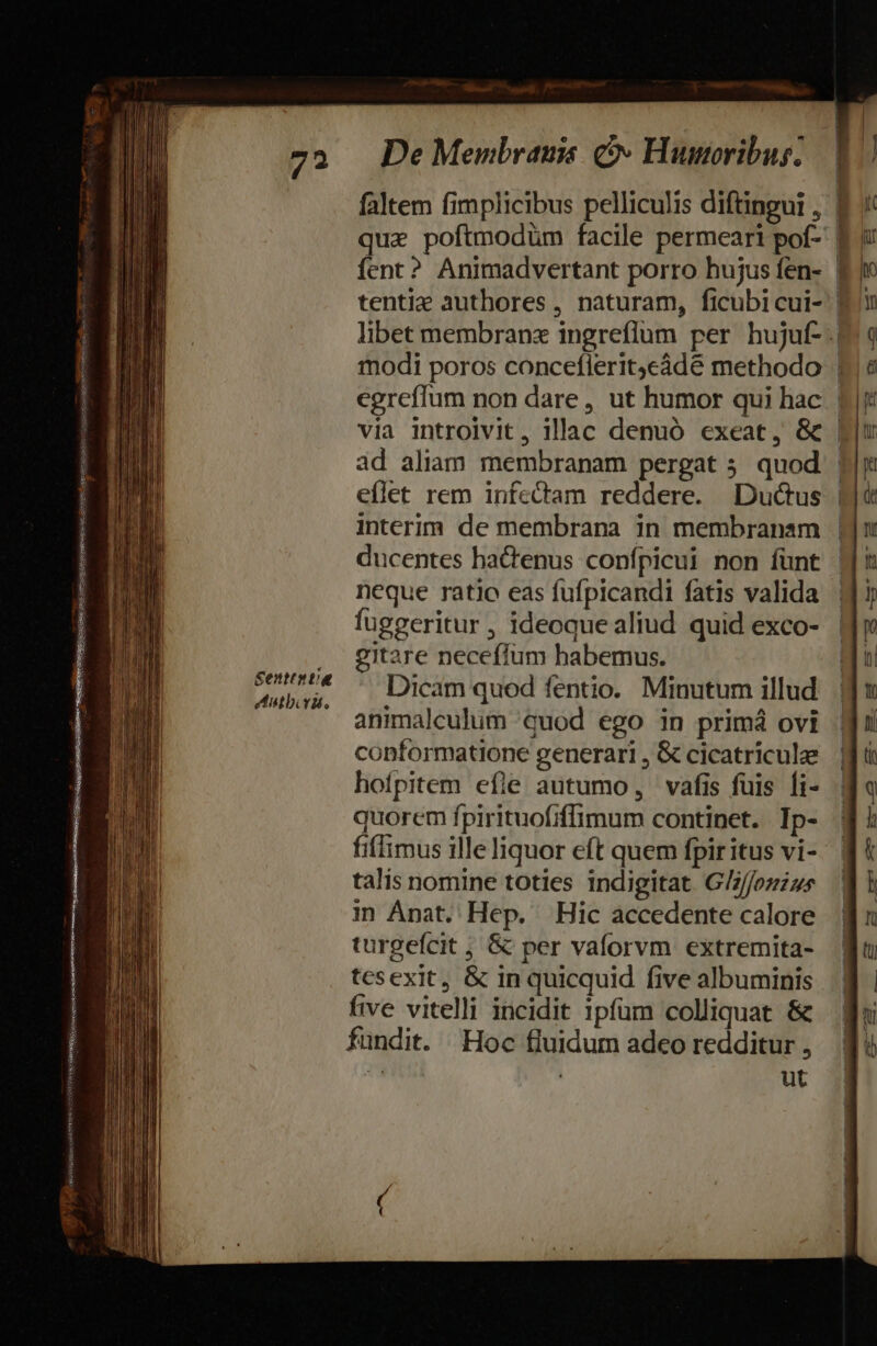 »  - VSNGDU DNO epe tutes nire Venter TEE CREME qe ees HESS Quis ism eckategsestus gei Sentent Aiuborau. De Menibranis eo Humoribus. j 1 | | lr via introlvit, illac denuó exeat, &amp; ad aliam membranam pergat ; quod eflet rem infectam reddere. ducentes hactenus confpicui non funt neque ratio eas fufpicandi fatis valida fuggeritur , ideoque aliud quid exco- gitare neceffum habemus. Dicam quod fentio. Minutum illud animalculum quod ego in primá ovi conformatione generari , &amp; cicatriculze hofpitem efle autumo, vafis fuis fi- quorem fpirituofiffimum continet. Ip- fiflimus ille liquor eft quem fpiritus vi- talis nomine toties indigitat G///fozzzs in Anat. Hep. Hic accedente calore turgefcit ; &amp; per vaforvm extremita- tesexit, &amp; in quicquid five albuminis five vitelli incidit ipfum colliquat &amp; fundit. Hoc fluidum adeo redditur , TU ; ut