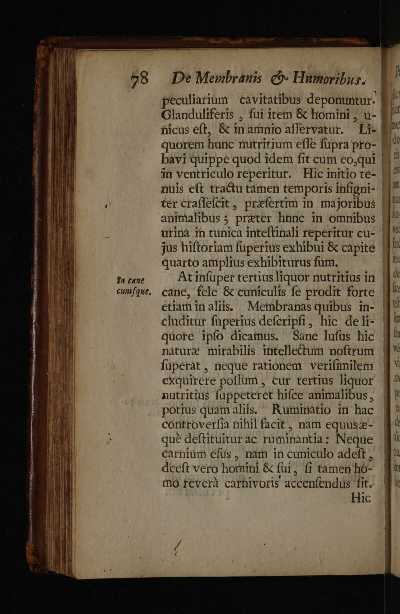 PSORDUQC Ne gp CS ique sese resp ns In cane cumque, De Membran. cov Himribus. Glanduliferis , fui item &amp; homini , u- hicus eft, &amp; in amnio affervatur. quorem hunc nutritium effe fupra pro- —À ae — - m fer craflefcit , prafertim in. majoribus animalibus ; prater hnnc in omnibus urinà in tunica inteftinali reperitur cu- jus hiftoriam füpertus exhibui &amp; capite quarto atmplius exhibiturus fum. At infüper tertius Iquor nutritius in cane, fele &amp; cuniculis fe prodit forte etiam inaliiss Membranas quibus in- cluditur fuperius deferipfi, hic deli- quore ipío dicamus. Sane lufus hic nature mirabilis intellectum noftrum fuperat , neque rationem veriftmilem exquirere pollüm , cur tertius liquor nutritius (uppeteret hifce animalibus , potius quam aliis. Ruminátio in hac controverfia nihil facit, nam equusz- qué deftituitur ac ruminantia : Neque càrniüm efus , nam in cuniculo adeft , deeft vero homini &amp; fui, f1 tamen ho- mo reverà carhivoris accenfendus fit. Hic