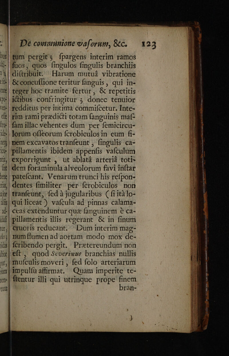 tum pergits fpargens interim ramos fuos, quos fingulos fingulis branchiis i| diftribuit. Harum mutuá vibratione *| &amp; coricuflione teritur fanguis, qui in- | teger hoc tramite fertur, &amp; repetitis | idibus confringitur 5 donec tenuior :| redditus per 1ntima commifcetur. Inte- || rim rami predicti totam fanguinis maf- in| fam illac vehentes dum per femicircu- il» | lorum ofleorum fcrobiculosin eum fi- 15 | mem excavatostranfeunt , fingulis ca- i| pillamentis ibidem appenfis vafculum Jn! exporrigunt , ut ablatáà arterià toti- (t! dem foraminula alveolorum favi inftar xie| patefícant. Venarum trunci his refpon- I! dentes fimiliter per fcerobiculos non jr tranfeunt;: fed à jugularibus ( fi itàlo- di| quiliceat?) vafcula ad pinnas calama- i| ceas extenduntur qua fanguinem 2 ca- (| pillamentis illis regerant. &amp; in finum ,| €ruoris reducant.' Dum interim mag- iir; num flumen ad aortam modo mox de- iis feribendo pergit. Pretereundum non left, quod Severiwzz branchias nullis xt; | mufeulis moveri , fed folo arteriarum àm| impulfíü affirmat. — Quam imperite te- y | ftentur illi qui utrinque. prope finem Qui bran- i —  voc i EORR S ri viet MES eenpE RS Ce ety n m