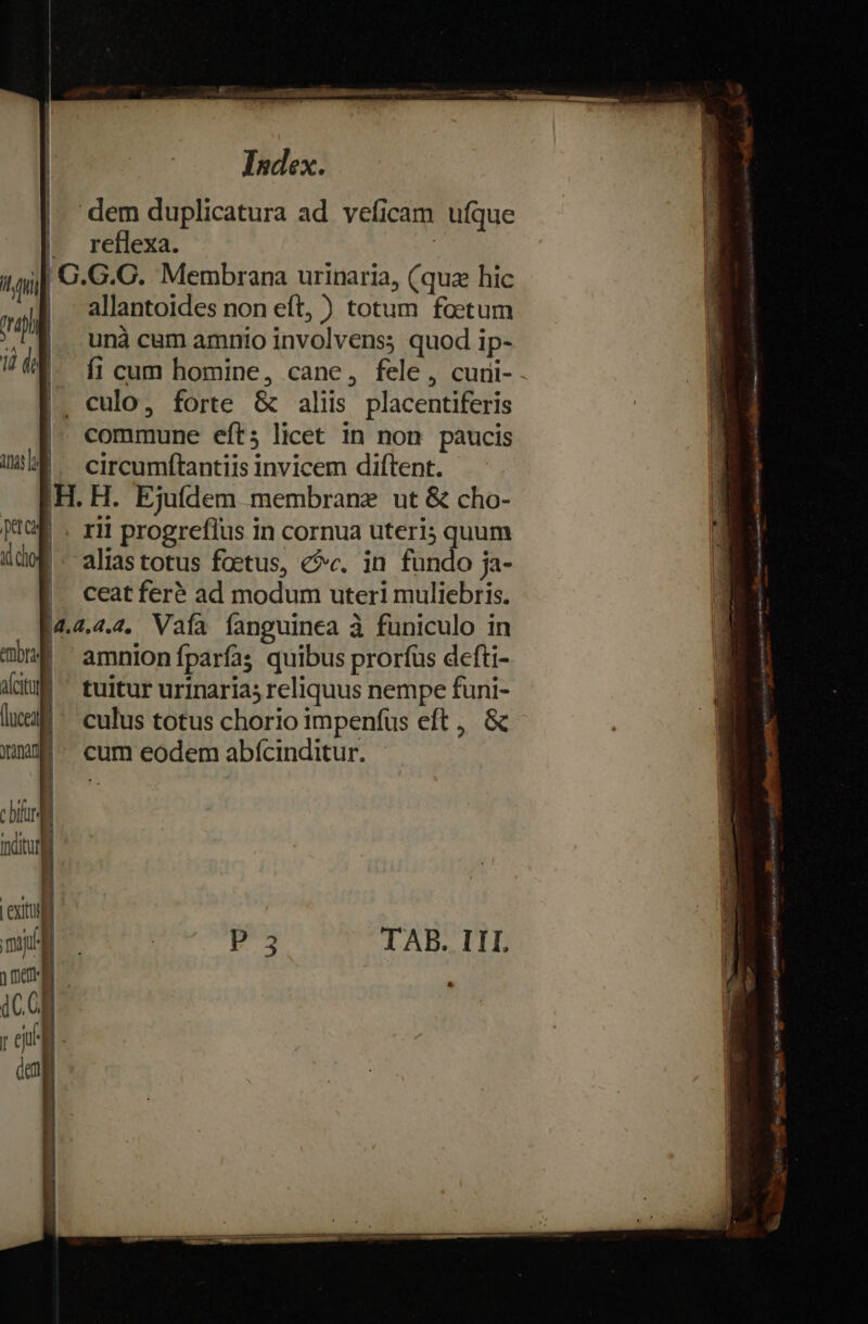 dem duplicatura ad veficam ufque | reflexa. 1i | C.G.C. Membrana urinaria, (quz hic m allantoides non eft, ) totum foetum B unácumamnioinvolvens; quod ip- Wu d fi cum homine, cane, fele, curi- |. culo, forte &amp; aliis placentiferis | commune eft; licet in non paucis i045 |, circumítantiis invicem diftent. IH. H. Ejuídem membrane ut &amp; cho- KOE . rii progreflus in cornua uteri; quum d (| idol. aliastotus foetus, «^c. in fundo ja- |! ceatferé ad modum uteri muliebris. |4.4,4.4, Vafa fanguinea à funiculo in n 'amnion fparfas quibus prorfus defti- (uM ^ tuitur urinaria; reliquus nempe funi- lue ^ culus totus chorio impenfus eft, &amp; uma. cum eodem abícinditur. Ru 1 sd c bihur: inditur — E RE (f &amp; I | | , ] | WE aae rf orta EU PANNE Lind Aie Mi nore Parent mecs hen Or £&amp; dide vm conta Cue e — ái