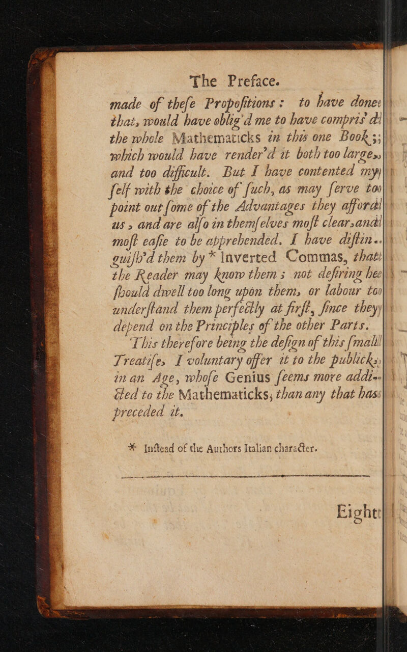 made of thefe Propofitions : to have done: that, would have oblig’d me to have compris à the whole Mathematicks #2 thew one Book ;; which would have render’d it both too large, and too difficult. But I have contented my felf with the choice of fuch, as may ferve too point out [ome of the Advantages they afforai us » and are alfo in themfelves moft clear,anai moft eafie to be apprehended. I have diftn.. σήμα them by* Inverted Commas, that! the Reader may know thems not defering he fbould dwell too long upon them, or labour too underftand them perfectly at firft, fince they depend on the Principles of the other Parts. This therefore beins the defign of this {mall Treatife, I voluntary offer i to the publick, in an Age, whofe Genius feems more addi} ited to the Mathematicks, than any that bass preceded it, é Χ- Inflead of the Authors Italian character. Na + CRAN AP CINE ATE REUTERS NEED LE LIE LIL CRETE NE πσοεκη, Ril 1,19 15