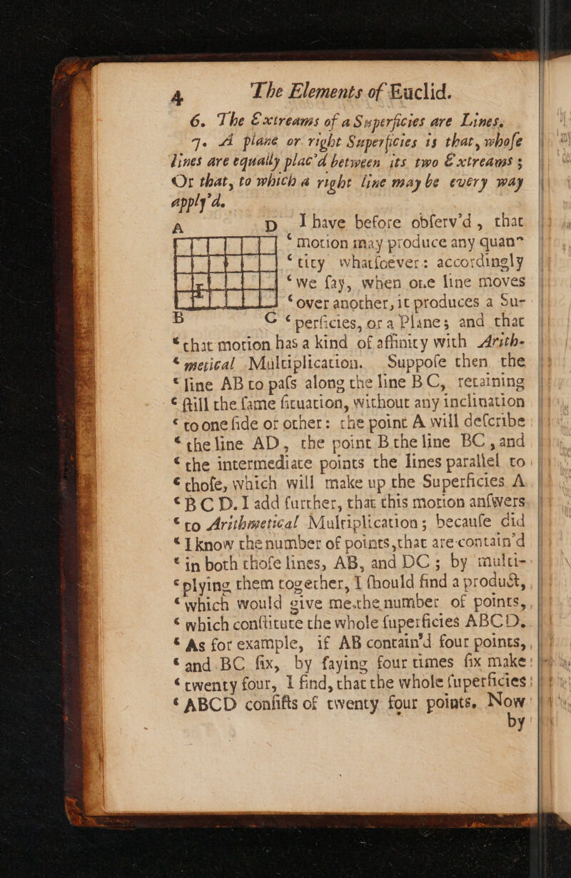 6. The Exireams of a Superficies are Lines. 7. À plane or right Superficies is that, whofe dines are equally plac 4 between its two Extreams 3 Or that, to whith a right line maybe every way apply 4. A D Lhave before obferv'd, that fT TLL {| ‘ motion may produce any quan” rho ea LH HU EN accordingly Ci “we fay, when one line moves PEt 1 ] cover another, it produces a Su- B © éperfcies, or a Plane; and chat “chat motion has a kind of affinicy with Arith- € merical Multiplication. Suppofe then the μπε AB co pals along the line BC, retaining © fill che fame fcuation, without any inclination το one fide or other: che point A will defcribe “the line AD, che poinc Bthe line BC, and ‘the intermediate points the lines parallel to € chofe, which will make up the Superiicies A «Ρο D. 1 add further, that this motion anfivers “co Arithr vertical Multi plication ; becaufe did € I know che number of points that are-c contain 4 © in both chofe lines, AB, and DC; by ‘mula- * plying them togerher, { thould find a produét, “which would give me.the number of points, € which confiture che whole fuperficies ABCD, © As for example, if AB contain d four points, , | “and BC fax, by faying four times fix make: |} “cwenty four, I find, chat the whole fuperficies : | © ABCD confifts of twenty four points. Now: li: by |