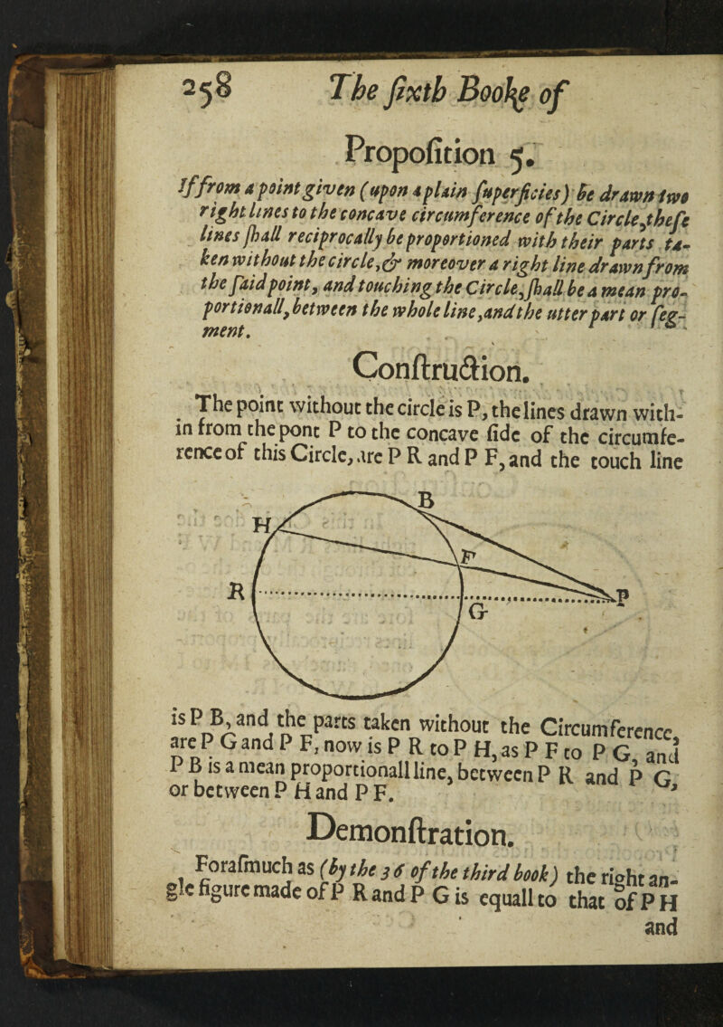 Propofition 5. If from a point given (upon 4 plain fuperficies) he drawn two right lines to the concave circumference of the Circle/heft lines /hall reciprocally be proportioned with their farts ta¬ ken without the circlemoreover a right line drawn from the faid point, and touching the Circle^ fall he a mean pro- por tionall, between the whole line >andthe utter part or feg- V Conftru&ion. . The point without the circle is P, the lines drawn with¬ in from the pont P to the concave fide of the circumfe- renceof this Circle, are P R and P F,and the touch line is P B and the parts taken without the Circumference are P G and P F, now is P R to P H, as P F to P G and P B is a mean proporcionallline, between P R and P G or between P Hand PF. ’ Demonftration. Foraltnuch as (by the jg of the third book) the rioht an- gc figure made of P RandP Gis equallto that of PH and