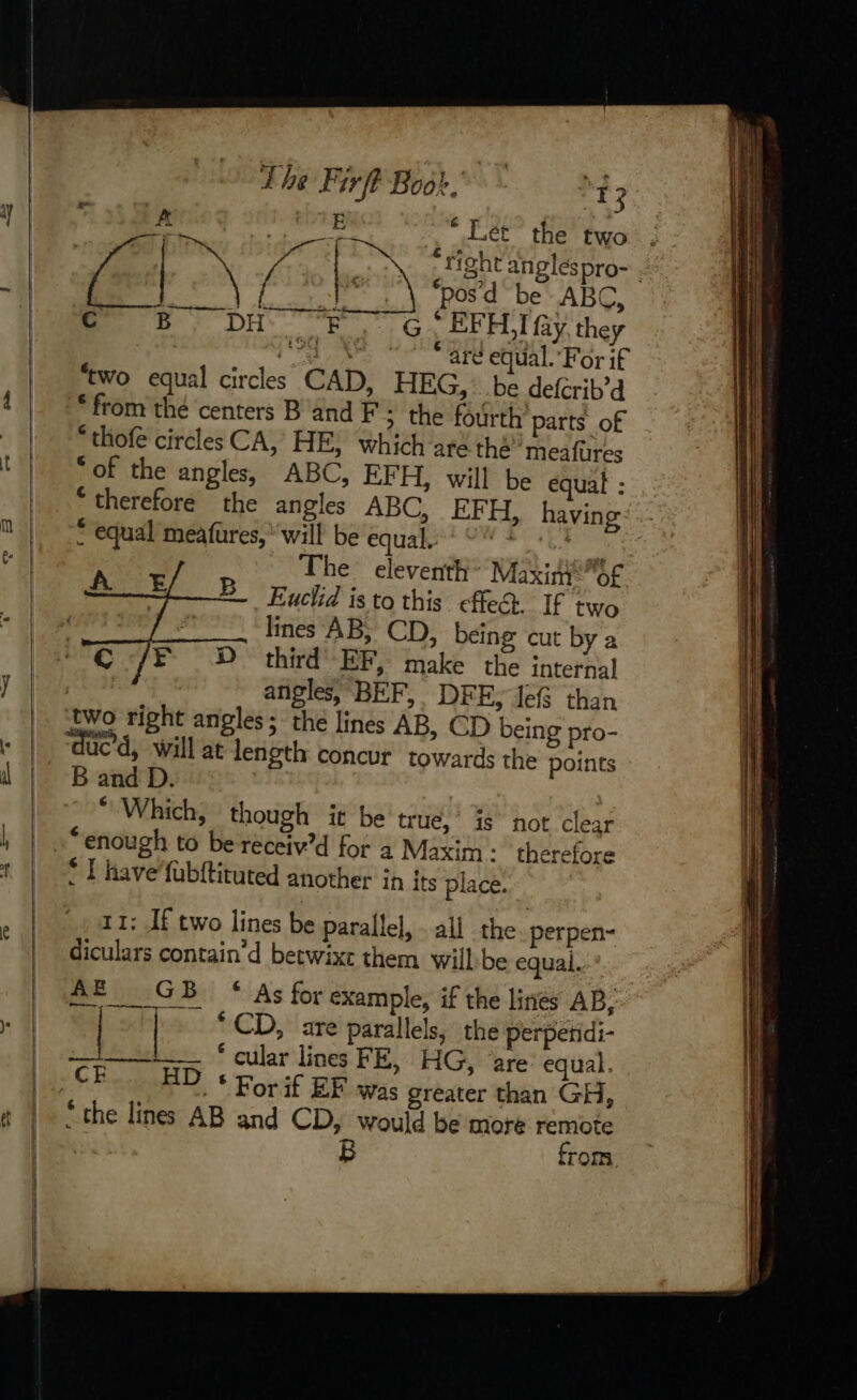 | “Let the two . ET aes “right anglespro- . is ‘pos’d be ABC, cB DHF «GS EFH I fy. they De: oes Ue ape equal. For if ‘two equal circles CAD, HEG, be defcrib’d “ from thé centers B and F; the fourth parts of “thofe circles CA, HE, which are thé meafures “of the angles, ABC, EFH, will be equal : “therefore the angles ABC, EFH, having * equal meafures, “will be Cr E. - bte at ° The eleventh’ MaxisyiS¢ Euclid is to this effect. If two lines AB, CD, being cut by a C:/E D third EF, make the internal soho! angles, BEF, DFE, {ef than two right angles; the lines AB, CD being pro- ‘duc'd, will at length concur towards the points B and D. * Which, though it be true, is’ not clear “enough to be receiv’d for a Maxim: therefore * I have’fubltituted another in its place. 11: If two lines be parallel, all the perpen- diculars contain’d betwixt them will:be equal. AE GB * As for example, if the lines AB, lm *CD, are parallels, the perpendi- Se * cular lines FE, HG, are equal. For if EF was greater than GH, “the lines AB and CD, would be more remote | B from.