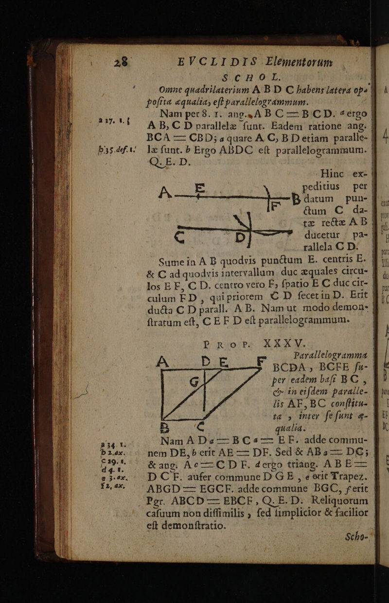                 217. t.[ b35.ddf. 1. EVCLIDIS Elementorum SCHOL. Omne quadrilaterium A B D C babens latera ops | poftta &amp;quaita; eft parallelogrammum. Nam per 8. r. ang.4A B C — B CD. *érgo A B, C D parallele funt. Eadem ratione ang. BCA — CBD;aquare A C, B D etiam paralle- | ]x funt. b Ergo ABDC eft parallelozrammum. | Q. E. D. A o E peditus — per | Fut A-B datum puu- f. 2 &amp;um C da-].. tz rete AD T. £—B-— ducetur | pa- B ^; ralela CD: B.. Sume in A B quodyis pun&amp;um E. centris E. | &amp; C ad quodvis intervallum duc zquales circu- | los E F, C D. centro vero E, fpatio E C duc cir- | ducta C D parall. A B. Nam ut modo demon- | firatum eft, C E F D eít paralleiogrammum. | Ror. XXXV. F Pavallelogramma BCPDA, BCFE fu- | per eadem baft BC , | c ineifdem pavalle- | lis AF, BC conflitu- | ta , inter fefunt &amp;- Nam A Dz —BCs—— EF. adde commu- | nem DE,» erit AE — DF. Sed &amp; ABa — D€; &amp; ang; Ac — C D F. 4ergo triang. ABE-— D C F. aufer commune D G E , erit Trapez. | ABGD — EGCEF. addecommune BGC, rerit | Per. ABCD — EBCF, Q. E. D. Reliquorum cafuum non diffimilis ; fed tumplicior &amp; facilior eft demonítratio. 