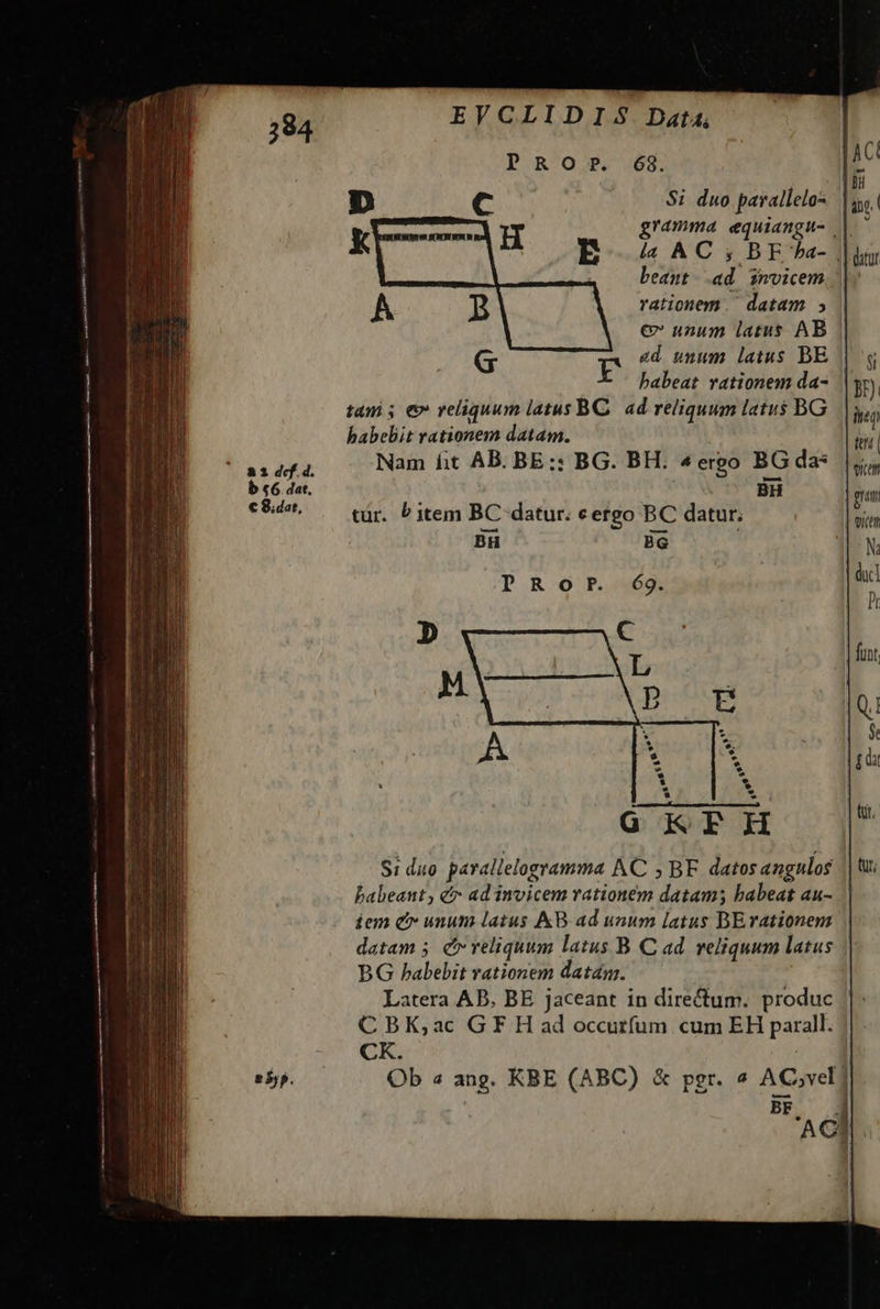 PROP. 6g. $1 duo parallelos gramma equiangu- | ^ l4 AC s; BE ba- |ui beant ad invicem. ||: rationem. datam c unum latus AB «d unum latus BE | babeat vationem da- | tam 5 ev reliquum latus BC 4d reliquum latus BG | habebit rationem datam. ' ai def d. Nam fit AB. BE:: BG. BH. 4^ ergo BG da: b «6. dat. BH ber tür. P item BC datur. cergo BC datur; BH BG | S: duo paralleloeramma AC , BF. datos angulos babeant, e ad invicem rationem datam; babeat au- iem e unum latus KB. ad unum latus BErationem BG babebit rationem datám. Latera AB, BE jaceant in directum. produc C BK;ac G F H ad occurfum cum EH parall. CK. Ob 4 ang. KBE (ABC) &amp; pgr. « AC;vel] BF. E AC  