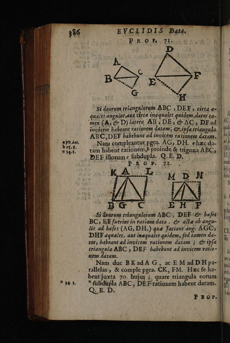 PROP 7l. es ? * Si diorum triangnlorum ABC , DEE ; circa e« quales angulos,aut circa inequales quidem datos ta- men (À; c D) latera AB DE; e AC, DFad.: invicem babeant vationem datam; €, ipfa triangula. |! ABC,DEF habebunt ad invicem vationem datam... Mani Nani compleantur pgra. AG; DH. «hac da- eyer,.—— tam habent rationem,b proinde &amp; trigona ABC; . BEF illorum c fubdupla. .Q. E. D. | . PROP. . 72  Si duorum triangulotum ABC, DEF». bafes BC, KE fuerint in ratione data , c» ate ab angu- lis ad bafes (AG, DH,) que faciant ang. &amp;kGC; DHE equales, aut inaequales quidem, fed tamen da- iriangula ABC ; DEF. habebunt ad invicem ratio- nem datam. Nam duc BK adA G , ac EM ad DH pa- rallelas ; &amp; comple pgra. CK, FM. Hzc fe ha- bentjuxta 70. hujus 5. quare triangula eorum * fubdüpla ABC, DEF rationem habent datam. Q. E. D.  PROoOP.]| 
