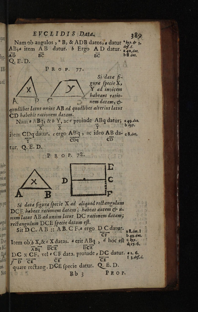  «l EVCLIDIS Data. - 389  p item AB datur. b Ergo A D datur. tima.  m BC BC b B dar Q.r. ip? | WE nj PRofP. 77. j  | Si-date fi- 1 gure fpecie X, : D. ! ry M Y ad invicem B 7i S^ babeant vatio- | A. pavo ^7» nem datam; e» uodlibet latus. unius AB ad quodlibet alterius latus ICD babebit rationem datam. ! Nan 2 À it &amp; b Y, acc proinde uis datur; 1. dn. X jitem ps dn tur. cergo ABq » ac ideo AP da- c8.4«r, CDq ! frur. |Q. [E D. PRO fF. 73. C E m D tnm num latus AB ad unum latus, DC rationem datam; pi | rectangulum DCE AH datum eft.    4l SicDC.AB : AB.CF. ergo DCdatur. e, pea CF b 49.dat. pe Hn ob'p X,&amp; c X datas. 4 erit ABq , 4 hoc eft dide. y ABq DCE DCE » Dc x CE, vel $e data. proinde , DC datur. e: $ CE n H6 scc f 3f. d. i al quare rectang. DCE fpecie datur. Q. E. D. Ni : Bb ; PRO...                        