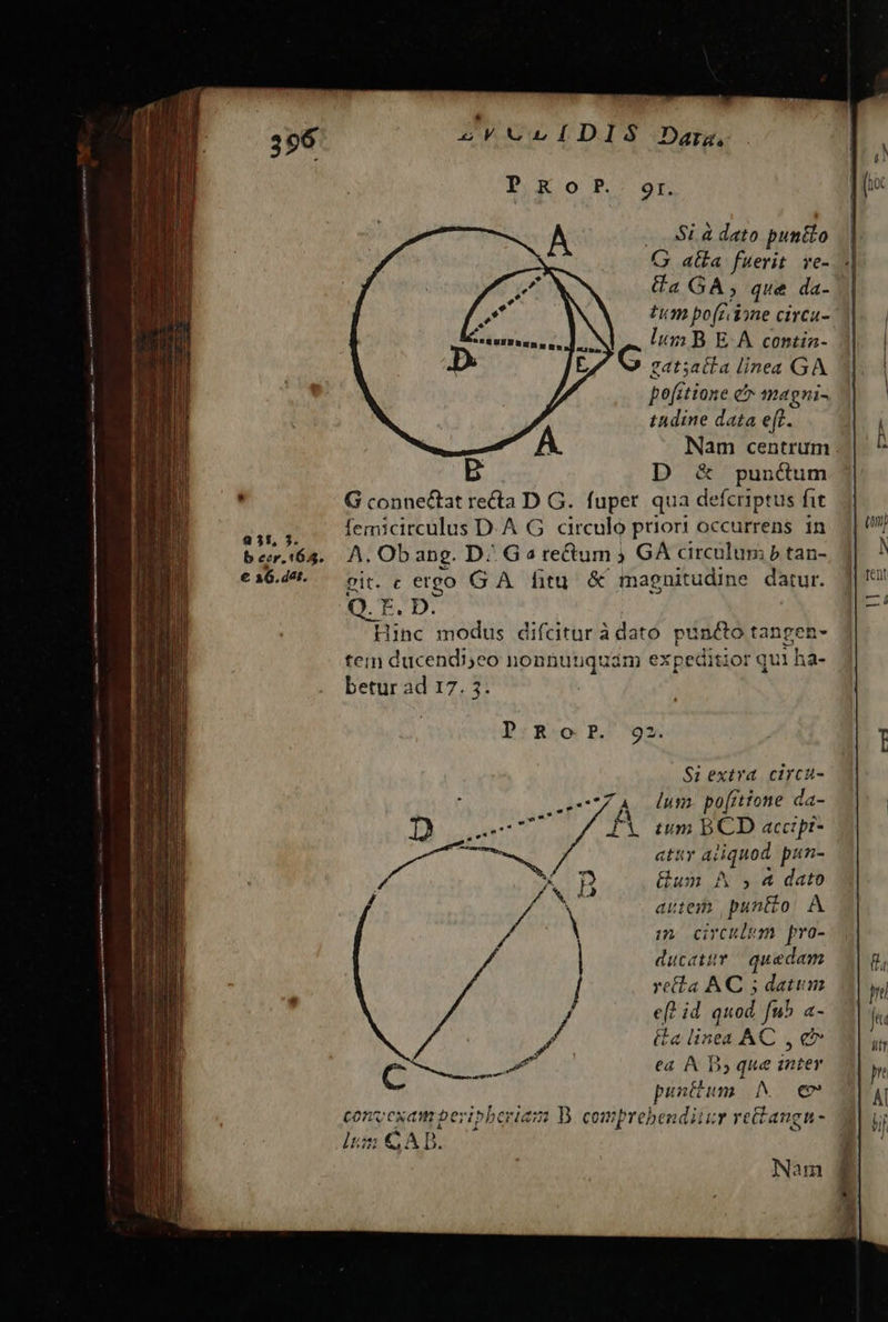   PkKoOfPf.:or. A — Si à dato punto G ala fuerit. ve- Ga GA, que da- tim pofrii zLDne circa- lum B E.A contia- G citata linea GA pofétione e magni- tudine data ef. ' A. Nam centrum . B D &amp; punctum G conne&amp;tat recta D G. fuper qua defcriptus fit femicirculus D.A G circulo priori occurrens in A. Obang. D/ G« rectum ) GÀ circulum b tan- git. c etgo G GA fitu &amp; magnitudine datur. Q.F. D. Hinc modus difcitur à dato puncto tangen- tein ducendi;eo nonnunquam expeditior qui ha- betur ad 17. 3 Si extra circu- lum. po[ittone da- tum BCD accipi- Prades à atty di iquod pan- N autem punt£o A | sm. circulsm pro- ducatur quedam ela AC ; datum ef? id quod fw5 «- » (ta linea AC $0 C E io ! ea A D que inter punttum. N. e conv cxam peripberiam DB. comprebendiiur rettangn- |t GA p. kk Nam 