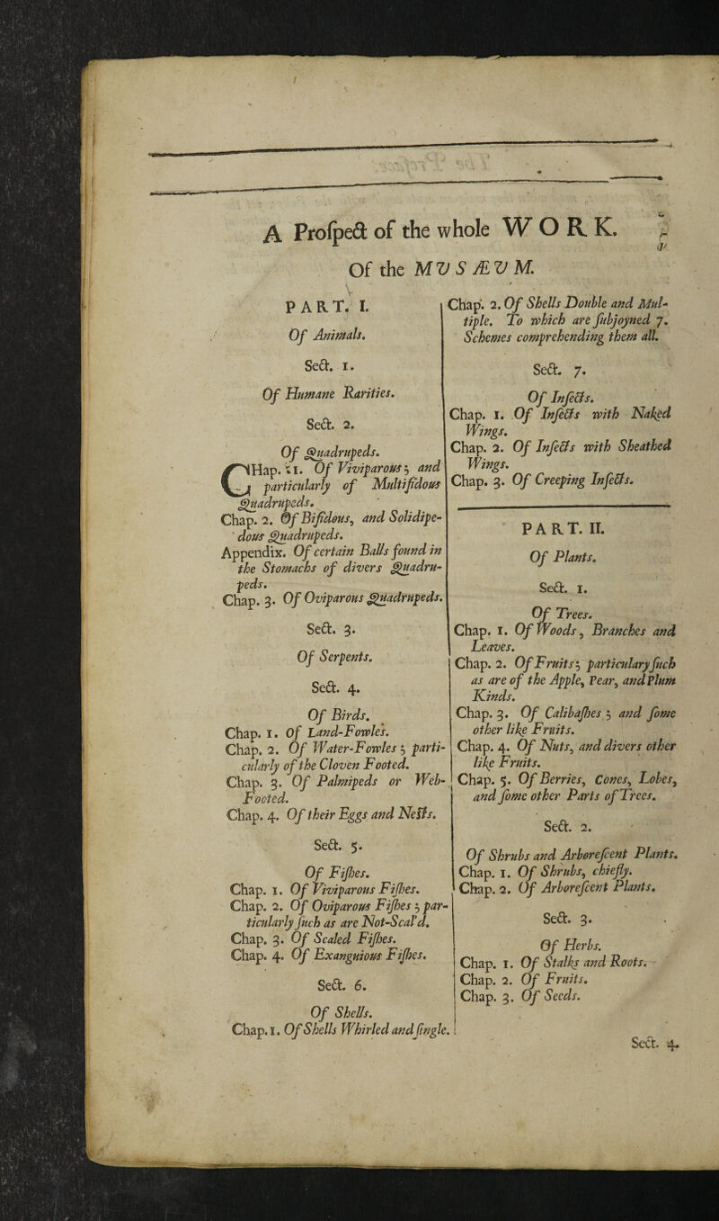 / >riyr .IT I'TSW. 1 ) » A Profped of the whole W O R K. Of the MV,S MV M. c. h (P PART. L Of Animals, Sed. I. Of Humane Rarities, Sed. 2, Of ^adrupeds, CHap. ti. Of ViviparotfS’-i and particularly of Multifidous ^adrupeds. Chap. 2. Of Bifidous^ and Solidipe- ■ dosss ^adrupeds. Appendix. Of certain Bal/s found in the Stomachs of divers ^Quadru¬ peds, Chap. 3. Of Oviparous ^adrupeds, Sed. 3. Of Serpents, Sed. 4. Of Birds, Chap. I. of Land-Fowles, Chap. 2, Of Water-Forvles 5 parti¬ cularly of the Cloven Footed, Chap. 3. Of Palmipeds or Weh- Footed, Chap. 4. Of their Eggs and Neifs, Sed. 5. Of Fifies. Chap. I. Of Viviparous Fijhes, Chap. 2. Of Oviparous Fijhes 5 par¬ ticularly fuch as are Hot-ScaVd, Chap. 3. Of Scaled Fipes. Chap. 4. Of Exanguious Fijhes, Sed. 6. Of Shells, Chap. I. Of Shells Whirled andftngle. Chap. 2, Of Shells Double and Mul¬ tiple, To which are fuhjoyned 7. ' Schemes comprehending them all, Sed. 7. Of Infi&s, Chap. I. Of Infe&s with Nakgd Wings, Chap. 2, Of Infers with Sheathed Wings, Chap. 3. Of Creeping Infe&s, PART. II. Of Plants, Sed. I. Of Trees, 0/ Chap. I. Of Woods ^ Branches and Leaves, Chap. 2. Of Fruits particulary fitch as are of the Apple, Tear, and Plum Kinds, Chap. 3. Of Calibajhes 5 and fome other like Fruits, Chap. 4. Of NutSj and divers other likg Fruits, Chap. 5. Of Berries, Cones, Lobes, and fome other Parts of Trees, Sed. 2. Of Shrubs and Arborefent Plants, Chap. I. Of Shrubs, chiefly. Chap. 2. Of Arborefeent Plaids, Sed. Of Herbs. Chap. I, Of Stalks and Roots, Chap. 2. Of Fruits, Chap. 3. Of Seeds, Sed. 4.