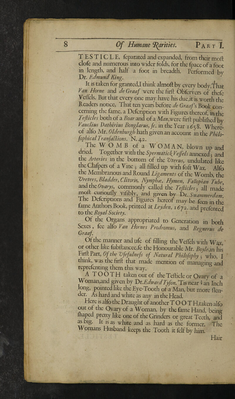 Of Humane 3^ritief. Part I. TESTICLE, feparated and expanded, from their mod: clofe and numerous into wider folds, for the fpace of a foot in length, and half a foot in breadth. Performed by ,Dr. Edmund King. ' It is taken for granted,! think almoft by every body,ir'hat Van Horne and de Graaf were the flrft Obfervers of thefe Veflels. But that every one may have his due,it is worth the Readers notice. That ten years before de Graaf % Book' con¬ cerning the fame, a Defcription with Figures thereof, in the Tefticles both of a Boar and of a Man,wcrc firlf publi/hed by Vauclim Bathirim Bonglarus, fc. in the Year 16s 8. Where¬ of alfo Mr. Oldenburgh hath given an account in the PhiH fofhical TranfaSlions. N. 42. ^ The W O M B of a WOMAN, blown up and dried. Together with the annexed 5 and the Arteries in the bottom of the Uterus, undulated like the Clafpers of a Vine 5 all filled up with foft Wax. Alfo the Membranous and Round Ligaments of the Womb, the Vrete^, Bladder, Clitoris, Nymfh<x, Hymen, Fallopian Tube, and the Ovarys, commonly called the Teficles 5 all made moft cunoufly vifibly and given by Yir.Sr,ammerdam.- The Defcriptions and Figures hereof may be feen in the fame Authors Book, printed at Leyden, 16-12. and prefented Of the Organs, appropriated to Generation in both Sexes, fee aHb Van Hornes Prodromus, and Regnerus de Graaf, * ‘ Of the manner and ufe of filling the Veflels with Wax^ ’ or other like fubftancee,fe the Honourable JVtr. Boyle,in his Firft Part, Of the Ufefulnefs of ^Natural Philofophy ^ who, I think, was the firft that made mention of managing and reprefenting them this way. A TOOTH taken out of the Tefhcle or Ovary of a Woman,and given by Dt.Edward Tyfon. ’Tis near i an Inch .long, pointed like the Eye-Tooth of a Man, but more flen- der. As hard and white as any in the Head. - Here is alfo the Draught of anodier TOOT H,taken alfo out, of the Ovary of a Woman, by the fame Hand, being ihaped pretty like one of the Grinders or great Teeth, and as ig. It IS as white and as hard as the former. The Womans Husband keeps the Tooth it felf by him. Hair