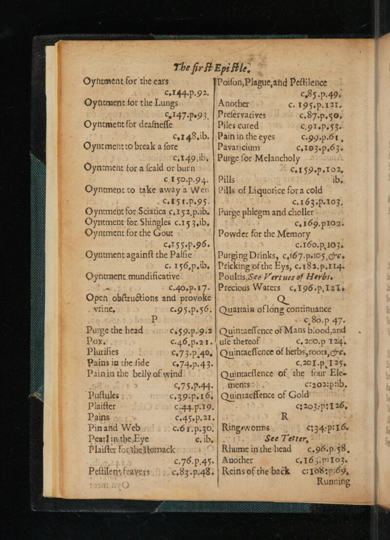 Oyhtment for the ears C,144.).92, Oyfitment for the Lungs Co147-Pe9 3, Oyntment for deafneffe Cyl 48, ib. Oyntmentto break a fore C,149, 1b, Oyntment for a fcald or burn €.150.p.94. Oyntment to take away a Wei CoESE PDO &gt; Oyntment for Sciatica ¢,152,p.ib. Oyntment for Shingles c.153,1b, Oyntment for the Gout CHESS «Po 5. Qyntment againft the Palfie C. 156,),iD, Oyhtment mundificative p : C.40,P.17: Open obftruGtions and provoke vrine, C.95.P+56. Purge the head CoS DP.G.2 Pox, C.46,pe2T. Plurifies C57 3.0.4, Pains 1m the tide Co74,).43- Painin the belly of wind , n C,7 5.Pe44. Puftules C6395P.16, Plaifter Cr44.D.19, Pains C.45p.21. Pinand Web C6 1.p.30. Pearl in,the,Eye ¢. ib, Plaifter forthe {ttomack ¢.76.P.45. Peftilensteayers C.83 p48, Poifon,Plague,and Peftilence C585 .P.49e Another C.. 195.p.121. Prefervatives €,87.p,5 0, Piles cured C,9T6P.53- Pain in the eyes C.99.p.OL, Payaricium C41032p,6 3.6 Purge for Melanchol y Co15 9p .T02, Pills of Liquorice fora cold C.163-p.103, Purge phlegm and choller Cy 169, pi02. Powder for the Memory C.160.p, 103.6 Purging Drinks, ¢,167.ps105, cee Pricking of the Eys, c.182.p.114. Poultis,See Vert ues of Herbs. Precious Waters c,196.p,12Ts Quartain oflong continuance ¢,80.P 47- Quintaeffence of Mans biood,and ule thereof C,200.p 124, Quintaeffence of herbs, roots, re, C,20I.p I 25. Quintaeflence of the four Ele- ments c:202:pzib. | Quintacffence of Gold | C$203:pi1 26, Rifgsworms C334:pi16~ See T etter, Rhumeinthe head = c,96.p.58, Another C.163.p:103. Reins of the back c: L08sp:69, Running