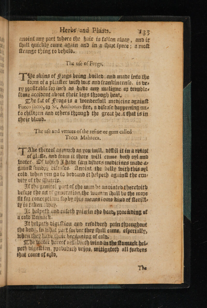 Herbs\/and Plats, 435 ayioit sete we Subere the hate is fallen alway, andi Hall quickly come, agai and ina Hoot fvace ; a mol range ching fo bebala,. The ufe of Fre gs, Be skins of Frogs being botlen: and. wave ints the foznt of a pl ‘iter with tuar andfrankincenls, is bes ry paoGtable fo inch as Have any maligne o2 trenbles (ome accident about thetr legs theough beat, abe fat of Frogs ts a iwonbderfull medicine againft thie » facto, 03 St, Anchonics fire, a pifeate bappentig ents fo chilozen and ofbers thaough the great beut that isin thew bicud. The ufe and yettues of the refine er eum called Tacca Mahacca. of gliffe, and from it there will come both opt and {wafer.. DF twohich FJ J babe fi i Divers medicines wade a gait fund2y vifeates. “Aneint tbe belly with this opl colp. ben vor go fs beDsand { it dDelpeth again the cru: dite of the seit ty. BE ths Kenitel part of che mabe anvtateneberetoith fp ts puree Way. acolo ffoma ic At belpet Tiow and refolveth pain thooughout the bod sink bat t pa at foe ber they thal come, elpecially, wpe 3 they he BAD, Li) sete bee: Asin ig Of colD. ae tie tee Be renf aiftcliieth windin the fomack bel- peth digettion, paovokecy oring, mitigqateth all feabers thaé cowie of sgl, The 46 ee Parad brad