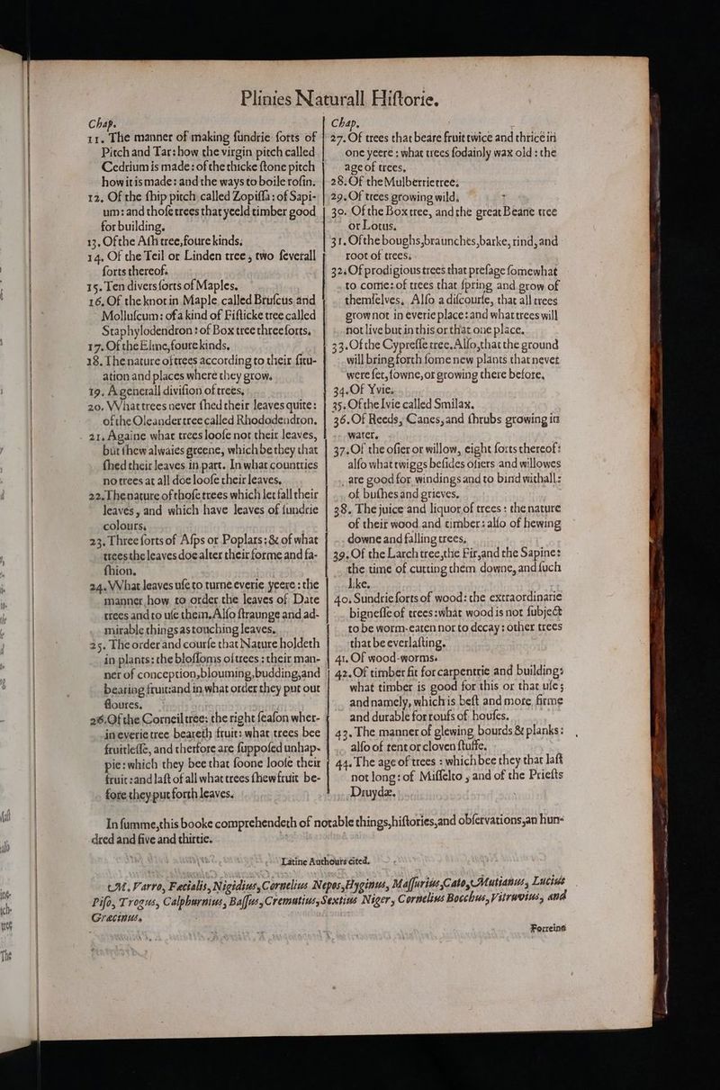 rr. The manner of making fundrie forts of Pitch and Tar: how the virgin pitch called Cedrium is made: of the thicke {tone pitch how itis made: and the ways to boile rofin. 12, Of the fhip pitch called Zopiffa : of Sapi- um: and thofe trees thatyeeld timber good for building. 13, Of the Athi tree, foure kinds, 14, Of the Teil or Linden tree, two feverall forts thereof. 15. Ten divers{orts of Maples. 16. Of the knotin Maple called Brufcus and Mollufcum: ofa kind of Fifticke tree called Staphylodendron : of Box tree threeforts, 17. Of the Elme,foute kinds, 18, [he nature oftrees according to their fitu- ation and places where they grow. 19. Agenerall divifion of trees, 20. Whattrees never thed their leaves quite: of the Oleander tree called Rhododendron, 21, Againe what trees loofe nor their leaves, but thew alwaies greene, whichbe they that fhed their leaves in part. In what countries notrees at all doe loofe their leaves, 22. Thenature of thofe trees which let fall their leaves, and which have leaves of {undrie colours. . 23. Three forts of Afps or Poplars: &amp; of what teesthe leaves doe alter their forme and fa- fhion. 24. What leaves ufe to turne everie yeere : the manner,how to order the leaves of Date trees and to ufe thein. Alfo ftraunge and ad- mirable things astouching leaves, 25. The order and courfe that Nature holdeth in plants: che blofloms oitrees : their man- ner of conception, blouming, budding,and bearing fruitzand in. what order they put out floures. ) Ch) 26.Qf the Corneiltree: the right feafon wher- ineverie tree beareth fruit: what trees bee fruitleffe, and therfore are fuppofed unhap- pie: which they bee that foone loofe their fruit sand laft of all what trees fhew fruit be- fore they put forth leaves. 27. Of trees that beare fruit twice and thticein one yeere ; what trees fodainly wax old : the age of trees, 28: Of the Mulberrietree: 29. Of trees growing wild, 30. Of the Box tree, andthe great Beane tree or Lotus. 31. Ofthe boughs,braunches, barke, rind, and root of trees. 324 Of prodigious trees that prefage fomewhat to comie: of trees that {pring and grow of themlelves, Alfo adifcourte, that all trees grownot in everie place: and whattrees will not live but inthis or that one place. 33. Of the Cyprefle tree, Alfo,that the ground will bring forth fome new plants that nevet were fet, fowne, or growing there before, 34.Of Yvie. 35, Of the Ivie called Smilax. 36.Of Reeds, Canes, and fhrubs growing in water, 37.Of the ofier or willow, eight forts thereof: alfo what twiggs befides ofiers and willowes _ are good for windings and to bind withall: of bufhes and grieves, 38. The juice and liquor of trees : che nature of their wood and timber: allo of hewing downe and falling trees, 39; Of the Larchtree,thie Fir,and the Sapine: the time of cutting them downe, and{uch like. 4o, Sundrie forts of wood: the extraordinarie bignefle of trees:what wood is not fubjec to be worm-eaten nor to decay : other trees that be everlafting. 41. Of wood-worms. 42.Of timber fit for carpentrie and building: what timber is good for this or that ule; andnamely, whichris beft and mote, firme and durable for roufs of houfes. 43. The manner of glewing bourds &amp; planks: alfo of tent or cloven ftuffe. 44. The age of trees : whichbee they that laft not long: of Miffelto , and of the Priefts Druydz. dred and five and thirtie. Gracin’, Forreine