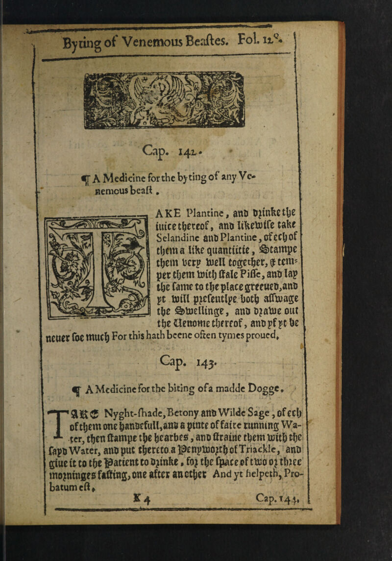 A Medicine for the bjrting of any Ve- nemcusbeaft „ & VE OUnfinff ftntl hlfnltEtlie them bcrp toell together, $ tent-- pet tljent toitlj (talc Piffe, a no lap tije fame to the plate gre euea,ana pt brill ppefeutlpe both affuiage tijc §>b)ellinge, ana apah)e out tbe tlenome thereof, ana pf pt be neuet foe tnucij For this hath beene often tyrnes proued. A Medicine fot the biting ofa madde Dogge. TSUK 5 Nyght-lhade.Betony ana Wilde Sage, of Ctl) of tljem one &anacfult,auB a ptnte of faite running Wa¬ ter, then ttampe tbe bcatbes, ana ttrainc them britb tlje fapaWater, anaput tbeteto.ali&nplooptbofTriackle, ana giue tt to tbe patient to apinlte. fop tljc fpace of ttno op tbtec mopmnges fatting, one after an other And yt helpcth, Pro- batumeft, Cap. T44,