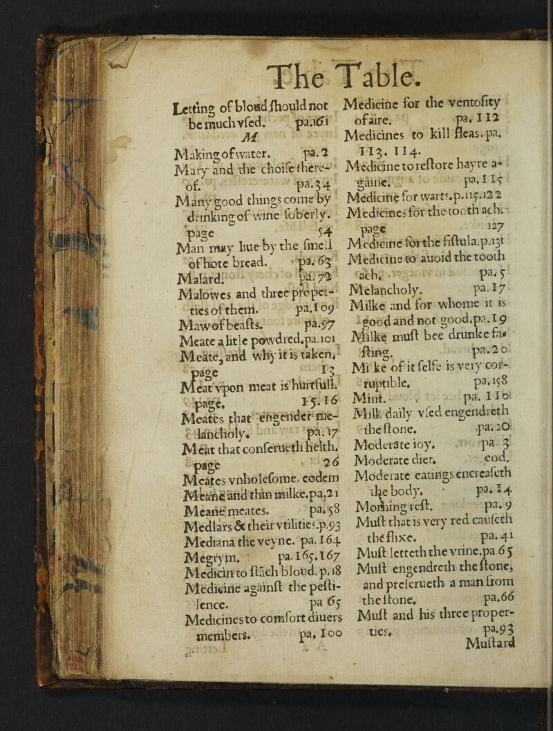 Letting of bload Jhould not be much vfed. pa.it> 1 M Making of water. pa. *2 Mary and the choife there¬ of. pa.34 Many good things coma by drinking of wine fob er! y. page ^ 54 Man may hue by the fine1 i of hote bread. pa. 63 Malard. pa> 7^ Malowcs and three proper¬ ties ot them. pa. 109 Maw of beads. pa.p7 Meate alitlc powdred.pa.101 Mektea and why it is taken. £ age T *> 1 > feat vpon meat is hurtful!, page, 15.I6 Meates that engender me¬ lancholy. pa-17 Meat that confcruethhelth. page 26 Meates vnholefome, codem Meane; and thin milke.pa.21 Meade meates. pa» 58 Medlars & their vtilities.p. 93 Mediana the veync. pa. 164 Megrym, pa. I 6>. 167 Mcdicin to ftach blond, p. 18 Medicine againft the pefti- lence. pa Medicines to comfort diuers members. pa, loo Medicine for the ventofity of air e. W* Medicines to kill fleas, pa. 113. 114. Medicine to reftore nayre a- game, P3**1? Medicine for wam.pn15-.12. 2 M edicmes for the toe th ach. ’ page _ 127 Medicine for the fiftula.p.131 Medicine to auoid the tooth ach, Pa< 5 Melancholy. pa;17 Milkc and for whome it is ?oodand not good.pa.19 Mi Ike muft bee drunk e fa# fling. pa*2 0 Mi ke of it felfe is veiy cor¬ ruptible, pa, 158 Mint. * pa. *10 Milk daily vfed engendreth the done. pa, 2O Moderate ioy, pa 3 Moderate diet, eod. Moderate eatings cncreafcth the body. • pa, 14 Morning reft. pa* 9 Muft that is very red caufcth theflixe. pa«4J Muft letteth the vrine.pa 65 Muft engendreth the (lone, and prekrueth a man irom the flone, pa.66 Muft and his three proper¬ ties, pa.93 Milliard