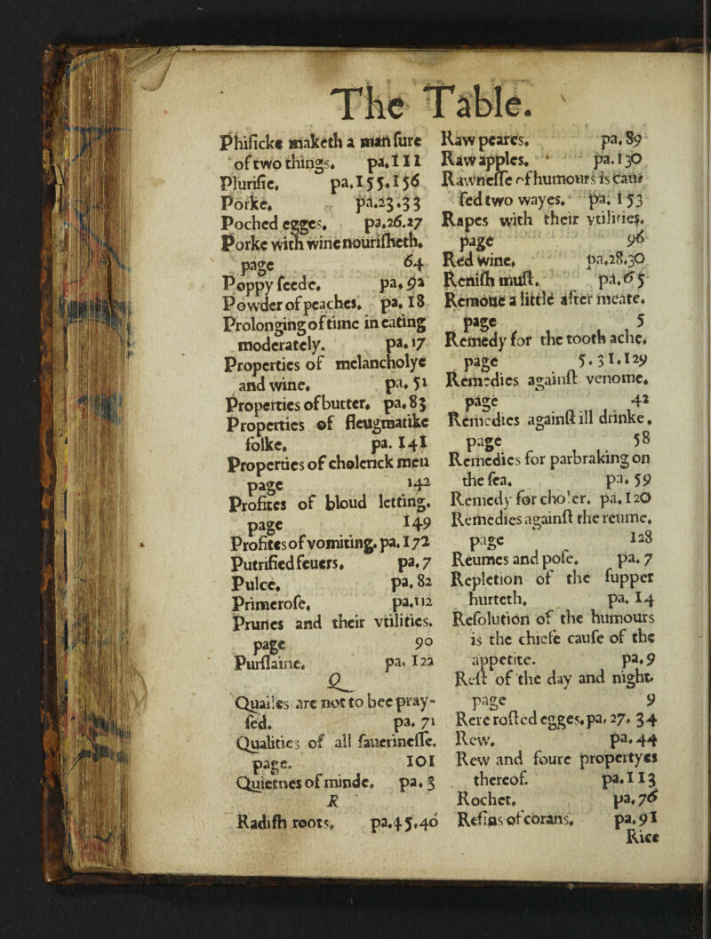 The Phificke maketh a man fure of two things* pa* 111 Plurific, pa* 155*156 Porke* P‘^3*33 Poched egges* pa.26.27 Porke with wine nourifheth. page 64 Poppy feede* pa* pa P o wder of peaches* pa* I8 Prolonging of time in eating moderately. pa* >7 Properties of melancholyc and wine* pa*5l Properties of butter* pa* 8 3 Properties ©f fleugrnatike folke* pa. I4I Properties of cholenck men page »42 Profites of bloud letting* page H9 Profites of vomiting, pa. 172 Putrified feuers * pa. 7 Pulce* pa* 82 Primerofe* pa.ti2 Prunes and their vtilities. 90 pa. 122 Quailcs are not to bee pt ay- fed. pa. 7l Qualities of all faucrinefle. page. IO I Q,uieme$ of mindc. pa. 3 JR ' Radifh roots* p3.45.4d Purilame. Raw pcares* pa. 89 Raw apples* * pa.130 R awn cue of humours is cam fed two wayes* pa. i 53 Rapes with their vtilme?. page Red wine. pa.28.3O llenift* muft. p^. $ 5 RemoUe a little after meate. page 5 Remedy for the tooth ache. page 5*Sl*l29 Remedies againft venome* page 4* Remedies againft ill drinke. page 58 Remedies for parbraking on thefea. pa. 59 Remedy for cho1 er. pa. 12O Remedies againft the retime. page 1 Reumes and pofe. pa. 7 Repletion of the fupper hurteth. pa. 14 Refolufion of the humours is the chiefe caufe of the appetite. pa. 9 Reft of the day and night* page 9 Rerc rolled egges. pa. 27. 34 Rew. pa* 44 Rew and fourc property*! thereof. pa. 113 Rochet. pa. Refias ot coran s. pa. 91 Ric*