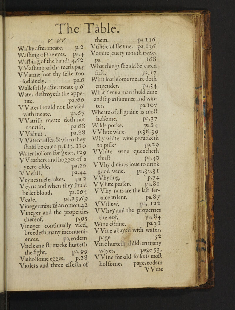 v vv Wa'ke after meate. p* 2 Walhing of the eyes* pa. 4 W a filing of the hands 4*6 2 V Vaiht n g of the teeth .pa*3 V Vanne' not thy feife too fodainely* pa»6 Walkfoftly after mestep.5 Water deftroyeththe appe¬ tite. pa.;^<5 Water fhould not be vfed with meate* pa.^y VVauifh meate doth not nourifh, pa, 58 Walnuts* pa, 8 8 V V atcrcreflcs,Sc when :hey fhuld be eaten p. 113* I O Water hoi om for p eies. 12g VVeathers and liogges of a yeere olde* pa,26 V Ve/ill* pa*4d- V eynes mefenakes* pa. 2 Veyns and when they ffiuld be let blond ♦ pa, 15 3 Veale* ^ pa.25.5p Vmeger mixt an 001011*42 Vinegcr and the propeities thereof* P*9 5 Vinegev continually vfed, breedeth many inconueni- ences. pa.codem Vnclcane fbmacke huvteth the fight* p*>99 Vnholiomc egges* ^ p.^8 Violets and three effe&s of them. pa. 115 Vtilitie ofdeume. . pa. 135 Vornite cuery month twite. pa 158 What things ftiouldbe eaten filii. pa. 17 What loathfome meate doth engender* P;1*34 What time a man lhuld dine and fun in (uminer and win- ter* pa. 107 Wheatcofall graine is molt hollo me. pa. 3 7 Wilde porke* pa.24 ■VV hit e wine. p.38.39 Why white wineprouoketh to piiie* pa.2p VViiifc wine quencheth thirff pa. 40 Why diuincs loue to drink good wine* Pa*3°-31 Why ting* '>74 White peafen. pa.81 VVhy nuts are rhelaft fer- nice in lent. pa.87 Willcw* pa* 122 VYhey and the properties thereof* pa. 84 W7ine citrine. pa.31 Wine allayed with water* page 52 Vine hurteth children many wayes# pagc 5 3* V Vinc for old folks is moft hoi feme* page* eodem VV’me