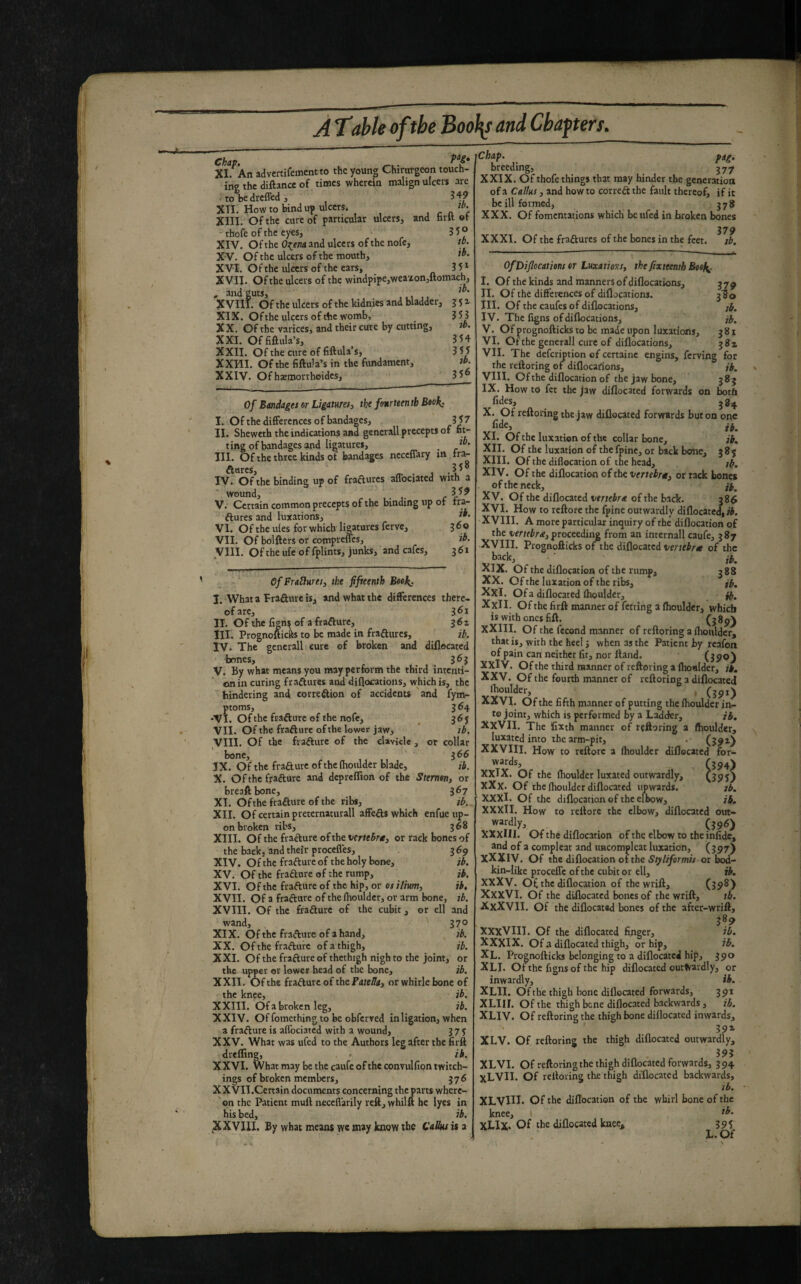 Chap. XI. An advertifementto thcyoun^ Chirurgeon touch¬ ing the diftancc of times wherein malign ulcers are to be dreffed , 3 '19 Xn. Howto bind up ulcers. .rn c XIII. Of the cure of particular ulcers, and hiit ot thofe of the eyes, 3 5° XIV. Of the Oi^^ena and ulcers of the nofe, «• X-V. Of the ulcers of the mouth, XVI. Of the ulcers of the ears, 3 5 ^ XVII. Of the ulcers of the windpipe,wea-£on,ftomach, . and guts, ,, 1 ,, XVIII. Of the ulcers of the kidnies and bladder, j ^ a XIX. Of the ulcers of the womb, 353 XX. Of the varices, and their cure by cutting, te. XXI. Offiûula’s, 354 XXII. Of the cure of fiftula’s, 3 5 5 XXHI. Of the fiftula’s in the fundament, }b. XXIV. Ofhæmorrhoides, 35^ Of Bandages s-r Ligatures, the fnrttenth Beok, I. Ofthe differences of bandages, 3 57 II. Sheweth the indications and generali precepts of fit¬ ting of bandages and ligatures, III. Of the three kinds of bandages neceffary in fra- n. . 1 IV. Ofthe binding up of fraaures affociated with a wound, r V. Certain common precepts of the binding up or ira- ftures and luxations, VI. Of the ules for which ligatures ferve, 3 6q VII. Of bolfters or comprencs, ib, yill. Of the life of fplints, junks, and cafes, 3 61 Of FraHures, the fifteenth Beek: I. Whata Pradureis, and what the differences there¬ of are, 361 II. Of the figns of afraâure, ^6z HI. PrognofticKS to be made in fraftures, ib. IV. The generali cure of broken and diflocated ‘bones, 363 V. By what means you may perform the third intenti¬ on in curing frafkures and diflocations, which is, the hindering and correftion of accidents and fym- ptoms, 364 -VI. Ofthe frafture of the nofe, 365 VII. Of the frafture ofthe lower jaw, ib. yill. Of the frafture of the clavicle, or collar bone, 366 ÎX. Of the frafture of the (houlder blade, ib. X. Ofthe frafture and depreffion of the Sternsn, or breaftbone, 367 XI. Ofthe frafture of the ribs, jb. XII. Of certain pretcrnaturall affefts which enfue up¬ on broken ribs, 368 XIII. Of the frafture ofthe vertebrse, or rack bones of the back, and their procelles, 3 69 XIV. Of the frafture of the holy bone, jb, XV. Of the frafture of the rump, jb. XVI. Of the frafture of the hip, or os ilium, ib, XVII. Of a frafture of the Ihouldcr, or arm bone, ib. XVIII. Of the frafture of the cubit, or ell and wand, 370 XIX. Of the frafture of a hand, ib. XX. Ofthe frafture of a thigh, ib. XXI. Of the frafture of thcthigh nigh to the joint, or the upper or lower head of the bone, ib. XXII. Ofthe frafture of the Fd/eÆ», orwhirlebone of the knee, ib. XXIII. Of a broken leg, ib. XXIV. Of fomething to be obferved in ligation, when a frafture is affociated with a wound, 37 J XXV. What was ufed to the Authors leg after the firft drelfing, . ib. XXVI. What may be the caufc of the convulfion twitch- ings of broken members, 376 XXVII.Certain documents concerning the parts where- 'on the Patient muft neceffarily reftjwhilft he lyes in his bed, ib. XXVIII, By what means wc may know the Calks in chap. pig. breeding, 377 XXIX. Of thofe things that may hinder the generation of a Callus, and how to correft the fault thereof, if it be ill formed, 378 XXX. Of fomentations which be ufed in bi'oken bones 179 XXXI. Of the fraftures of the hones in the feet. ib. OfDiJlocatiens or Luxations, thefixteenth Beef^. I. Of the kinds and manners of diflocations, II. Of the differences of diflocations. III. Of the caufes of diflocations, IV. The figns of diflocations, V. Ofp rognofticks to be made upon luxations, VI. Of the generali cure of diflocations. 37? 3^0 sb. ib, 381 381 engins, ferving for ib. 38? both 384 on VII. The defeription of certaine the reftoring of diflocations, VIH. Ofthe diflocation of the jaw bone, IX. How to fet the jaw diflocated forwards fides, ^ ^ X. Of reftoring the jaw diflocated forwards but on one XI. Of the luxation of the collar bone, ib. XII. Of the luxation of the fpine, or back bone, 385 XIII. Of the diflocation of the head, jb. XIV. Of the diflocatfon of the vertebrn, or rack bones of the neck, jb. XV. Of the diflocated vertebra of the back. 386 XVI. How to reftore the fpine outwardly diflocated,/i. XVIII. A more particular inquiry of thé diflocation of the vertebra, pTocteààni from an internall cagfe, 387 XVIII. Prognofticks ot the diflocated vertebra of the back, _ • XIX. Of the diflocation of the rump, 388 XX. Ofthe luxation of the ribs, jb. Xxl. Of a diflocated (houlder, jb. XxII. Of the firft manner of fetting 3 ihouldcr, which is with ones fift, (j 89) XXIII. Of the fécond manner of reftoring a (houlder, that is, with the heel j when as the Patient by reafon of pain can neither fit, nor ftand. (390) XXl V. Of the third manner of reftoring a (houlder, ib. XXV. Of the fourth manner of reftoring a diflocated (houlder, , (3^1) XXVI. Of the fifth manner of putting the (houlder in¬ to joint, which is performed by a Ladder, ib, XxVII, The Ifixth manner of reftoring a (houlder, luxated into the arm-pit, .• (39a) XXVIII. How to reftore a (houlder diflocated for- wards, Ç394) XXlX. Of the (houlder luxated outwardly, C395) XXx. Of the (houlder diflocated upwards. jb. XXXl. Of the diflocation of the elbow, ib. XXXlI. How to reftore the elbow, diflocated out- wardly, (39^) XXxllI. Of the diflocation of the elbow to theinfidc, and of a compleat and imcomplcat luxation, (397) XXXIV. Of the diflocation of the Styliformis or bod¬ kin-like proceffc of the cubit or ell, ib. XXXV. Of the diflocation of the wrift, (39®) XxxVI. Of the diflocated bones of the wrift, tb. XxXVII. Of the diflocated bones of the after-wrift, 389 XXxVm. Of the diflocated finger, ib. XXXIX. Of a diflocated thigh, or hip, ib. XL. Prognofticks belonging to a diflocated hip, 390 XLT. Of the figns of the hip diflocated outwardly, or inwardly, ib. XLII. Of the thigh bone diflocated forwards, 391 XLIII. Of the thigh bene diflocated backwards, ib. XLIV. Of reftoring the thigh bone diflocated inwards, 39» XLV. Of reftoring the thigh diflocated outwardly, 395 XLVI. Of reftoring the thigh diflocated forwards, 394 XLVII. Of reftoring the thigh diflocated backwards, ib. XLVlII. Of the diflocation of the whirl bone of the knee, ' ^b. XLIX- Of diflocated knee. 395^ L.Of
