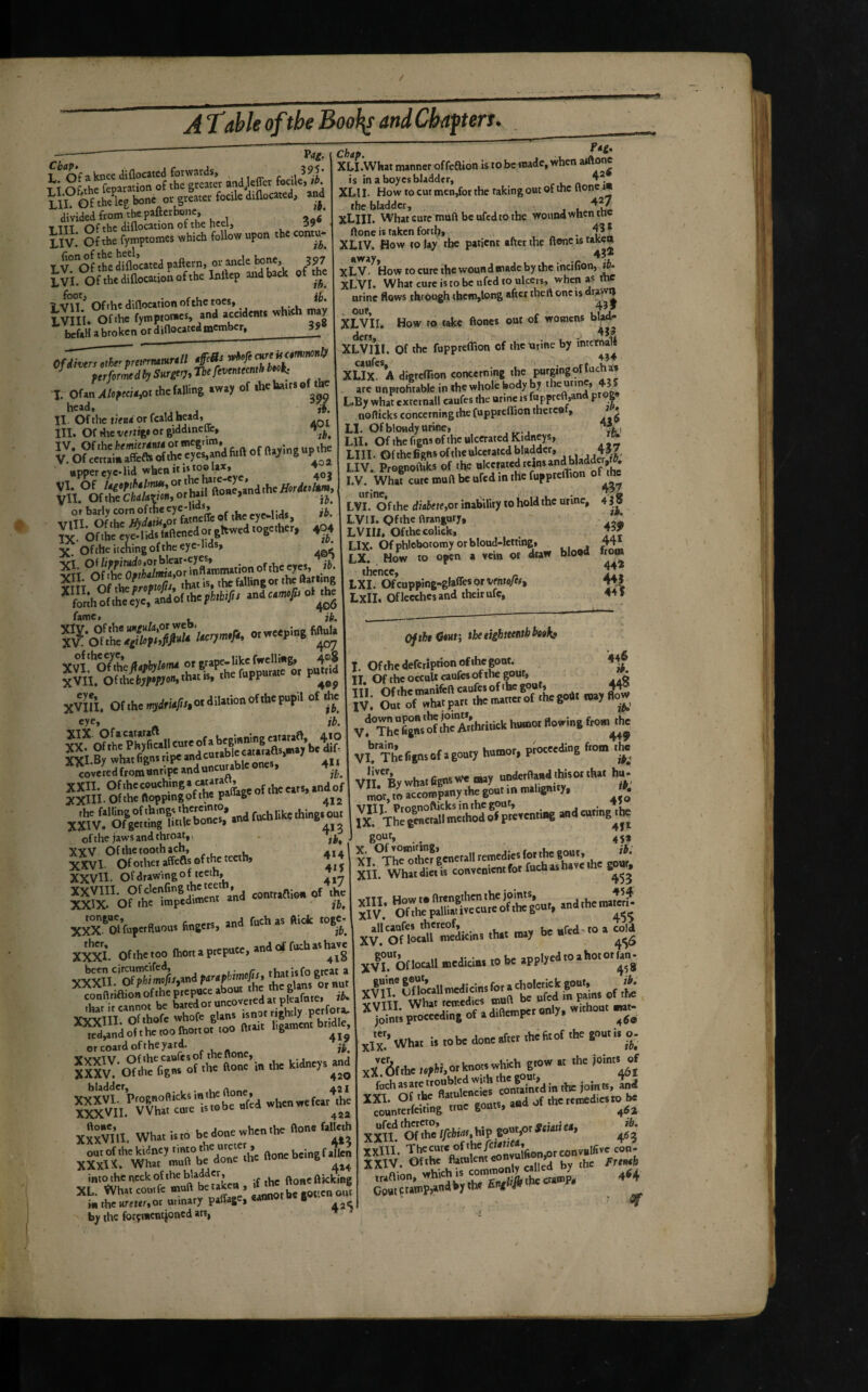 / A Table ofthe Bool^ and Chapters * I Sl.What manner offcaion is to be made, when ailtone is inaboycsbladdfr, run XLl I. How to cut men,for the taking out oi the itone i the bladder, XLlII* Whatcuremuftbeufedto ihe wound when tnc ftonc is taken forth* • XLIV. How to lay the patient after the floneistaKcn 4?* Vag. pS- and,kfc Ui?Ofths^l<E<>»'’' ot etsatetfocilediflocaKa, »1 I ---4!* iv! Oftbcdiflocattafaftem, oi'MicIe Î97 ^£v^’'hi)„,hewoundmaJeW*'jf- IVI. Ofthedinoratioaofthc Inllep aildbact o( IBs *£v,. what cureinoba«fcd.o»l«,., wh«i as dw rViV'ctthtdinootionofthctocs. *H «tine *o„s .h,<«(ih,ht».k>n8 .f.«.ha«onc„d.,^ ^ ferformedly Surgery^ Thefeventeenth book; digrclTton concerning the purging T Of an Aleteeii ot the falling away of the halts of the unprofitable in the whole body by ^^e urine, «S S.[a tne I 1 g wharexternall caufes the urine is fuppreft,and prog. n Ofthe „>«aorfcaldhead. * * _nofticks concerning the fuppreffion theteu , TTT. Of iJieorciddincflbj ^ 1 LI. O»blowdyunne* .tr-j th^ upper eve-lid wben 111“'***» ' , blood *en 4}S ii. 433P 441 from 442 441 44lr Ofihtdtm the eighteenth books Irbarlvcornoftïieeye.lids, LVI. Ofthe tftaJrte,or inability to hold the urine. e Vlll Ofthe LVU. QHhe ftrangury, ^ Tv onh^ye-lidslaftenedorghw^ 404 Uvill. Ofthecolick* ^ ^ . Ofthe itcLng ofthe eye-lids, LlX- Of phlebotomy or bloud-lctting, _ ^ Oi/iwi«do.orbkat.eyes, , 4©5 LX. How to open a vein ot draw I thence, . Xlli %f\%roptofis, that is, the falUngortheftarting Qf cupping-glfe* or ^«ito/èr, *Sîhofthce%,^andofthc/iHH)/i and camep ot^he of leeches and their ufc, fame, jk. Vua'*î^*(silaa6ï/B»u or gsapa-hhafwelliwg» ! , Offhedefcrtpoonoflhegont, f-PP- 0' P-J îi-SÏ8 xviti, “'î? î; 'tThaepa.. .hom.«»o( .hogod. «»,«o» xiTor.c...,.a i vf ?ha«.osof.go«.y S«-. t ofthe jaws and throat,, . J gout, ^ --- XXV Of the tooth ^ch, ^ __X. OJ^vomittng, '446 7^. 4»4 41J 4 »7 )t me tootn acu, XXVl- Of othei affefls ofthe teeth, XXVÎ1 • Of drawing o f t^eth, XXVIII. of 'rhe XXIX. Of the impediment ana XXX. ^Otfupetfluous fingers, and fuch as ftick togc ^ XXXI. Ofthe too fhort a prepuce, and of fuch as have conflriaionoftheptepuceaboutthetheg^^^^^^ xSin orlfe Se Jans isna.ngh.l, posto,^ *^”„do°.hatooll.o„or,oo «.an Pgan.». bndle or coard ofthe yard. ^-f when the ftone fallcth XxxVIll. What IS to be done when tne outof the kidney ftone being fallen into the neck of the ladder, ftkking XL, Wh.. somfc ««I» ba uton ■ ^ ' J, »« the ureter, Ot urinary paffage, eann t B by the forçmcntjoned art, XII. What diet is convenient for fuch as ha xvl on««Ji *> “ «6 XVI of locall medicini to be applyedto ahotot^n^ Wha. i. tobc donaafsa- dsifeot .ha g»«.i. o^- xa.ha..pM,o.rr!:“ofr « *= €li?SSSi‘iï£rf XXIl! « *'Va«f. Wp 5«“''°' J5 /sr