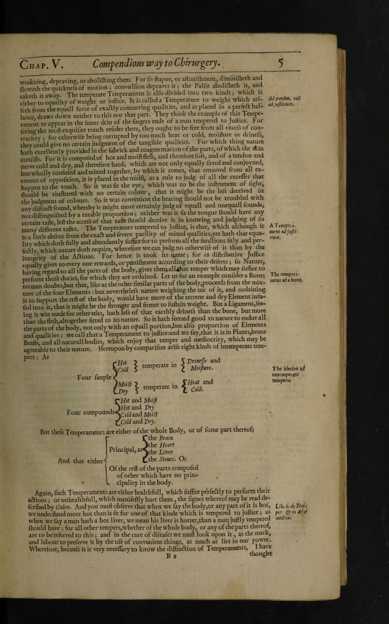 weaknins, depraving, oraboliOiing them. For fo ftupor, or aftonifhment, diminifheth and floweth the quickneis of motion; convulfion depraves it ; the Palfie aboliiheth it, and taketh it away. The temperate Temperament is alfo divided into two kinds ; which is cither to equality of weight or juftice. It is called a Temperature to weight which ari- feth from the equall force of exaaiy concurring qualities, and as placed in a perfeft bal- lance draws down neither to this nor that part. They think the example of this Tempe¬ rament to appear in the inner skin of the fingers ends of a man tempered to Juftice. For feein<^ the nioft exquifite touch refides there, they ought to be free from all excefs of con¬ trariety • for otherwife being corrupted by too much heat or cold, moifture or drinefs, they could give no certain judgment of the tangible qualities. For which thing namre hath excellently provided in the fabrick and coagmcntation of,the parts, of which the skin confifts For it is compofed of hot and moift flefh, and therefore foft, and of a tendon and nerve cold and dry, and therefore hard; which are not only equally fitted and conjoyned, but wholly confufed and mixed together, by which it comes, that removed from all ex¬ tremes of oppofition, it is placed in the midft, as a rule to judg of all the excelfrs that happen to the touch. So it was fit the eye, which was to be the inftrument of fight, ihould be tinftured with no certain colour, that it miÿt be the lefs deceived m the iudgment of colours. So it was convenient the hearing Ihould not be troubled with anvdiftinafound,wherebyit might more certainly judg of equall and unequall founds, notdiftinguilhed by a ratable proportion ; neither^ was it fit the tongue Ihould have any certain tafte, left the accefs of that tafte Ihould deceive it in knôwing and judging oMo many* different taftes. The Temperature tempered to juftice, is that, which although it is a little abfent from the exaft and fevere parility of mixed qualities,yet hath that equa¬ lity which doth fully and abundantly fufficefor to perform all the fiinaions fitly and per- frftlv which nature doth require, wherefore we can judg no otherwife of it than by the integrity of the Aaions. ^ For hence it took its name ; for as diftributive Juftice eauallv fiives to every one rewards, or puniftmient according to their deferts ; fo Nature, having regard to all the parts of the body, gives them.alUhat temper which inay fuffice to perfomi thofe duties, for which they are ordained. Let us for an example confider a Bone; no man doubts,but that, like as the other fimilar parts of the body,proceeds from the mix¬ ture of the four Elements : but neverthelefs nature weighing the ule of it, and ordaining it to fupport the reft of the body, would have more of the terrene and dry Element inhi- fed into it, that it might be the ftronger and firmer to luftain weight. But aLigament,fee- ing it was made for other ufes, hath lefs of that earthly drinefs than the bone, but more than thefle{h,altogether fitted to its nature. So it hath feemed good to nature to endue all thepartsof the body, not only with an equall portion,but alfo propomon of Elements and qualities ; we call that a Temperament to jufticerand we fay,that it is in Plants,brute Beafts, and all naturali bodies, which enjoy that temper and mediocrity, which may be agreeable to their nature. Hereupon by comparifon arife eight kinds of intemperate tem¬ pers ; As ‘S} “ Four fimple ^ temperate in { Drineffe and Moifiure. Heat and Cold. Four compounds. And that either i Adpondw, vil ad jaftitiam. A Tempera¬ ment adjujii- tiam. The tempera- inenc of a bone. .J>ry Hot and Moiji )Hot and Jhy \CoW and Mofi? ^Cold and Dry. But thele Temperaments are either of the whole Body, or of Ibnie part thereof; '* ^the Brain Jthe Heart Principal, as^^jje L/t^er ^the Stones. Or I Of the reft of the parts compofed I of other which have no prin- • u cipality in the body. Again, filch Temperaments are either healthfiill, which fuffice perfeftly to perform their aftions ; or unhealthfull, which manifeftly hurt them, the fignes whereof may be read de- feribed by Galen. And you muft obfrrve that when we 4y the body,or any part of it is hot, we underftand more hot than is fit for one of that kinde which is tempered to juftice ; as when we fay aman hath a hot liver, we mean his liver is hotter,than a man juftly tempered Ihould have ; for all other tempers,whether of the whole body, or any of the parts thereof, are to be referred to this ; and in the cure of difeafes we muft look upon it, as the mark, and labour to preferve it by theufr of convenient things, as much as lies in our Wherefore, becaufe it is very neeeflary to know the diftinftion of Temperaments, The kînâes of untemperate - femperst i.ib,2.deTern^ peT- n^in Ailé medica.