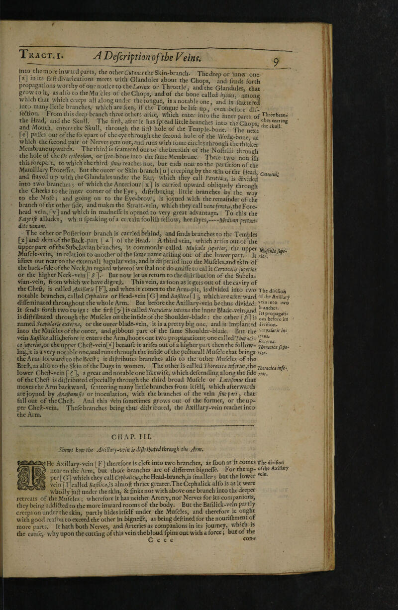mto the more inward parts, the other Cutanés the Skin-branch. The deep or inner one [sj in Its fil'd divarications meets with Glandules about tfie Chops, and fends forth propagations worthy of our notice to the Larhix or Throttle, and the Glandules that grow to it, as.-ihototheMu cles of the Chops, and of the bone called b}odes, among which that which creeps all along under the tongue, is a notable one, and is fcattered into many little branches, which are feen, if the Tongue be lift up^ even before dif- leftion. From this deep branch three others arife, which enter into the inner parts of the Head, and the Skull. The firft, after it has fprread little branches into the Chops and Mouth, enters the Skull, through the firft hole of the Temple-bone. The next [ej pailcs out of the fo epart of the eye through the fécond hole of the Wedg-bone, at which the fécond pair ol Nerves gets out, and runs with fomc circles through the thicker Membrane upwards. The third is fcattered out of thebre.adth of the Noftrils through the hole of the cri^ro/i/w, or five-bone into the fame Membrane. Thcfe two ncurifii this forepait, to which the third reaches not, but ends near to the partition of the Mamillary Procédés. But the outer or Skin-branch [u] creeping by the skin of the Head, r 'tii> and ftayed up with the Glandules under the Ear, which they call Parotides, is divided “ into two branches; ot which the Anteriour [x] is carried upward obliquely through the Cheeks to the inner corner ot the Eye , diftributing little branches by the way to the Nofe-, and going on to the Eye-brow, is joyned with the remainder of the branch Ol the other fide, and makes the Strait-vein, which they call t/c7Zij/ro;:tii-,the Fore¬ head vein, f and which in madnefle is opened to very great advantage. To this the Sat)riji alludies, wh.n fpeaking of a certain foolilh fellow, hee fayes,-Mediam fertun- ditivenam. f* • The other or Pofteriour branchis carried behind, apd fends branches to the Temples [z] and skin of the Back-part fa] of the Head. A third vein, which arifes out of the üpper part of the Subclavian branches, is commonly called Mu^tula juperior, the upper Mufcle-vein, in relation to another of the fame name arifing out of the lower part. \t mr, iflues out near to the external! Jugular vein, and is dilperfed into the Mufcles,and skin of the back-fide of the Neck,in regard whereof we lhal not do amilfe to cal it Cervicalis juperior or the higher Neck-vein [j3 J.- But now let us return to thediftribution of the Subcla¬ vian-vein, from which we have digreft. This vein, as (bon as it gets out of the cavity of theChcû, is called [F], and when it comes to the Arm-pit, is divided irito two Thedivifion notable branches, called Cephalica or Head-vein [G] and Baftlica [ I j, which are afterward the Axillary difleminated throughout the whole Arm. But before the Axillary-vein be thus divided, ‘to two it fends forth two twigs ; the firft [y] is called Sceipularis mterna the inner Biadc-vein,and • isdiftributed through the Mufcles on the infide of the Shoulder-blade: the other [i^Jis ons^befofe^its named Scapularis externa, or the outer blade-vein, it is a pretty big one, and is implanted divifion. into the Mufcles of the outer, and gibbous part of the fame Shoulder-blade, But the ''eafaUris m-> vein Baftlica alfo,before it enters the Arnijlhoots out two propagations; one called ca\upcriQr,ov the upper Cheft-vein^fJ becaufc it arifes out of a higher part then the follow- Thoracica fipt- ing,it is a very notable one,and runs through the infide of the peftoral! Mufcle that brings nor. the Arm forward to the Bred: ; itdiftributes branches alfo to the other Mufcles of the Bred, as alfo to the Skin of the Dugs in women. The other is called ‘Ihoracica inferior,the Thoracica infe- lower Ched-vein [ (J' J, a great and notable one likewife, which defeending along the fide nor, oftheChed is didributed efpecially through the third broad Mufcle or Latifmus that moves the Arm backward, fcattering many little branches from itfelf, which afterwards are joyned by Anaflomofts or inoculation, with the branches of the vein fine pari, that fallout of theChed. And this Vein fometimes grows out of the former, or the up¬ per Ched-vein. Thefe branches being thus didributed, the Axillary-vein reaches into the Arm. CHAP. 111. Shetos how the Axillary-vein is difiributedthrough the Arm. He Axillary-vein [F] therefore is cleft into two branches, as fboii as it comes The divifiori near to the Arm, but thofe branches are of different bigneffe. For the up-of the Axillary per [GJ which they call Cephalicus,the Head-branch,is fmaller ; but the lower vein [ r called BafiUcafis almod thrice grcater.The Cephalick alfo is as it were wholly jud under the skin, 8c finks not with above one branch into the deeper retreats of the Mufcles ; wherefore it has neither Artery, nor Nerves for its companions, they being addifted to the more inward rooms of the body. But the Bafilick-vein partly creeps on under the skin, partly hides itfelf under the Mufcles, and therefore it ought with good reafon to exceed the other in bignefie, as being dedined for the nourifhment of more parts. It hath both Nerves, and Arteries as companions in its journey, which is the caufe, why upon the cutting of this vein the bloud fpins out with a force ; but of the C c c c eon-^