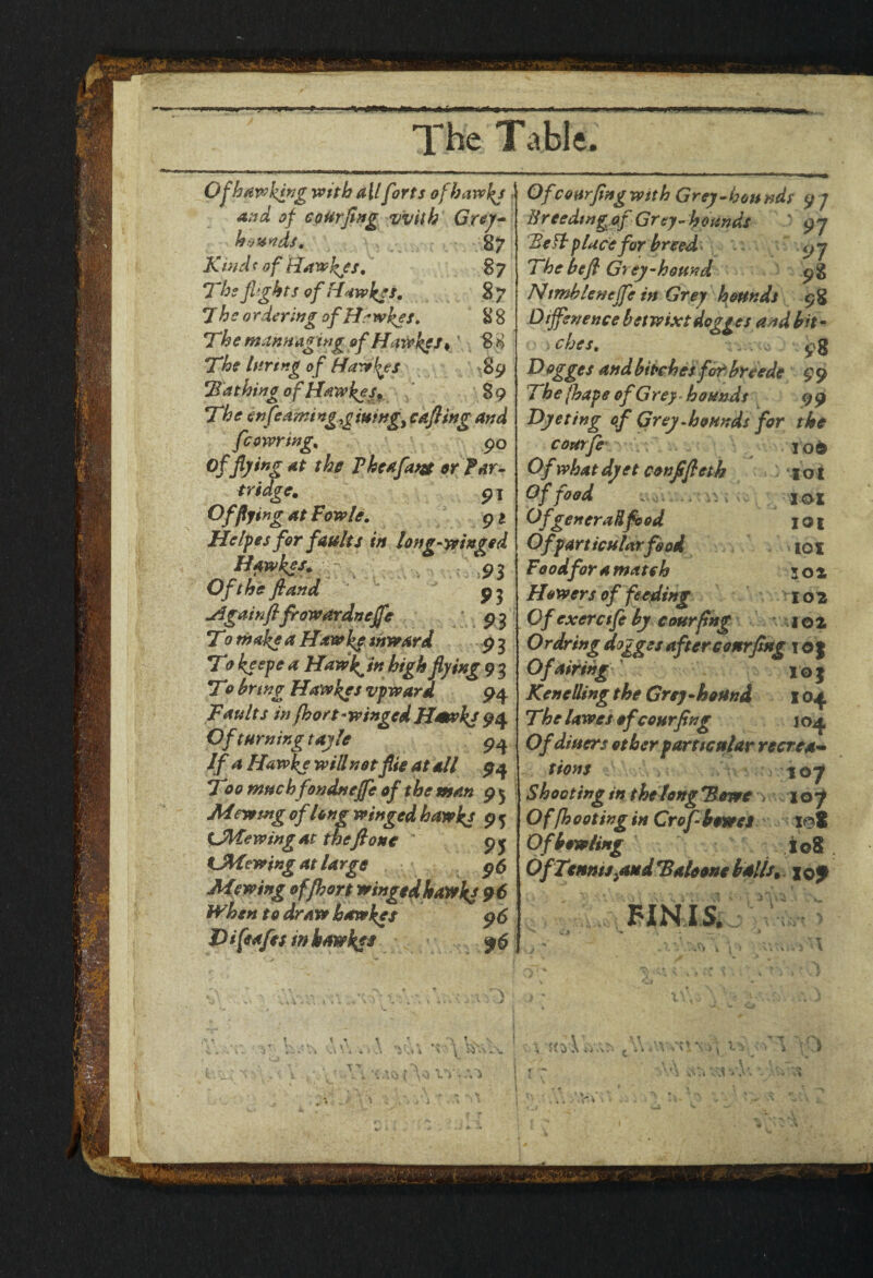 Of baking with allforts ofhawkj and of Gourftng with Grey- hounds. 2} K md f of dawkjs. 8 7 Ths fights of H4wk?s. 87 7 ho 0 rdering of Hr wkes. 8 8 The mannagtng of Hawke/*' 8 8 The luring of Hawses 89 Ta thing of Hawke s. 89 The enfedmi ng g wing, cafting and fcowring. 90 Of flying at the Pheafat# or Par¬ tridge, 9 | Of fifing at Fowle. 91 Helpesfor faults in long-winged Hfwkes. 93 Of the fiand 9 3 Jigainftfrowardneffe 9 3 75 Hawke inward 9 3 T9 keepe a Hawk^ in high fifing 9 3 T9 bring Hawkes vpward 94 Faults in fhort-wingedHawk* 94 Of turning tayle 94 If a Hawke will not flic at all 94 Too muchfondncjfc of the man p $ Mewmg of long winged hawk* 9 5 CMewing at theft one 9 j tMewing at large $6 Mewing offhort winged hawks 96 When to draw hawkes 96 Di feafes in hawks f $6 Ofc our fing with Grey-hen nds 9 7 Breeding*/ Grey-founds 97 Be ft place for breed 97 ThebeftGiey-hound pg Ntmblencffe in Grey hounds 9 g Difference betwixt dogges and bri¬ oches. ... pg D ogges and bitches fot breede 9 9 The fhape of Grey - hounds 9 9 Dye ting of Grey •hounds for the c out ft 106 Of what dyet conftfteth 101 Of food „ .. ; 101 OfgeneraRfcod ioj Of particular food 101 Foodforamatch 302 Hewers of feeding 102 Of exerctft by c our png 102 Ordr'tngdogges after conrfing 10 J Of airing 103 Ken tiling the Grey -hound 104 The lawes ofc our fing 104 Of diners other particular recrea¬ tions 107 Shooting in the long 71 owe *107 Of[hooting in Crofibowel 108 Of bowling tog dfTenms.andTaloone balls, 109 FINIS. \