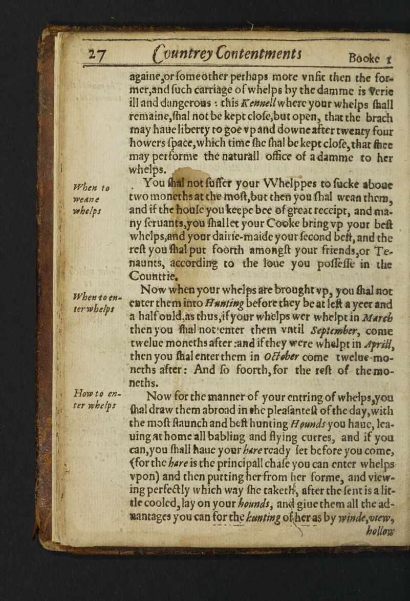 againe^orfomeother perhaps more vnfic then the for¬ mer,and fuch Carriage of whelps by the dam me is *?em ill and dangerous •. this Kennell where your whelps ffaall remains,flial not be kept clofe,but open, that the brach may hauc liberty to goe vpand downeafter twenry four hovvers fpace,which time flic dial be kept clofe, that fliec mayperforme the natural! office of adamme to her whelps. * . You flial not fuffer your Whclppes to fucke about two moneths at tire moft,but then you jfhal wean them, and if the houfc you keepc bee of great receipt, and ma¬ ny feruantsjou fhallet your Cooke bring vp your beft whelps,and your daitie-maidcyour fecond belt, and the reft you flial put foorth amongft your friends,or Te- naunts, according to the lout you poilefle in the Gounttie, Now when your whelps are brought vp5 you flial not enter them into Hunting before they be at left a yeer and a half ouklas thus,if your whelps wer whelptin Mirth then you flial notfenter them vntil September, come twelue moneths after .-and if they were whdpt in ApriU^ then you flial enter them in Qtfober come tweluemo- neths after: And lo foorth, for the reft of the mo¬ neths. Now for the manner of your entring of whdps5you i • ter whePs dial draw them abroad in the pleafanteft of the day, with the moft flaunch and beft hunting Hfunds you hauc, lea¬ ning at home all babling and flying curres, and if you can,you fhali Katie your harexea&y let before you come, ^(for the bare is the principal! chafe you can enter whelps vpon) and then putting her from her forme3 and view¬ ing perfe&ly which way flic takethf, after the fent is a lit¬ tle cooled3 lay on your hounds, an^giue them all thead- vantages you can for the bunting ofher as by winde%vtew9