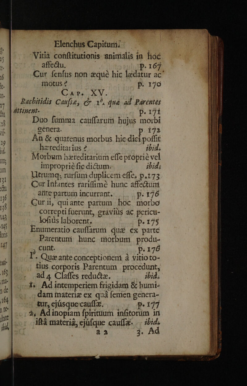 [um ; 4 , Vitia cohftitutionis. animalis ia. fioc s | affeQu. 200p. 167  Cur fenfüs non xequé hic ledatur ac' Kk. iotus 2 p. 17o N  Car. XV. 7]: Racbitidis Cause, c» 3, quà ad Parentes x | dttinent- | p. 171 4] Duo fumma cauffarum hujus morbi d genera. op. 1723 b An &amp; quatenus morbus hic dici poffit  ha'reditarius | ibid. m | Morbum hereditarium effe ptoprié vel a | impropriéficdidum. — ibid; E Utrumq; rurfum duplicem effe; p.173 à] Cur Infantes rariffimé hunc affedtum | . afite partum incurrant. p. 176 | Curii, quiante partum hoc morbo correptifuerunt, gravius ac pericu- -.. lofius laborent. p.175 Enumeratio cauffarum qus ex parte Parentum hunc morbum produ- , cunt. p. 176 I. Que ante conceptionem à vitloto- | | à | tius corporis Parentum procedunt, b. | « .ad4 Claffes redudz. .. bid; el ub Ad intemperiem frigidam &amp; humi: dam materiz ex quà femen genera-  tur,ejüsquecauffz. | — p.t77 ui 3$, Adinopiam fpirituum tnfitoriim 1n ] | iftà materiá, ejüfque cauffa |. i/;Z; a2 3. Ad