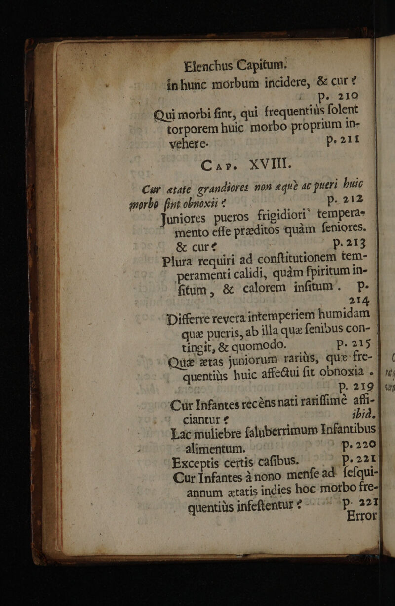 ínhunc morbum incidere, &amp; cut ? p 1pe 210 Qui morbi fint, qui frequentius folent torporem huic morbo proprium in- vehere. p.211 Car». XVIII. Cur «tate grandiores mou aque 4c putri huic anorbo. [int obnoxii * p. 212 Juniores pueros frigidiori' tempera- mento effe praeditos quàm feniores. &amp; cur? | P. 213 Plura requiri ad conftitutionem tem- peramenti calidi, quàm fpiritum in- fitum, &amp; calorem infitum. P. | 214 Differre revera intemperiem humidam qua pueris, ab illa qu fenlous con- | E tincit, &amp; quomodo. p. 2153 'a Quz stas juniorum rariüs, quz fre- | quentiüs huic affe&amp;ui fit obnoxia . | | P. 219 | Cur Infantes recens nati rariffime. affi- ciantur 2 ibid. Lac muliebre faluberrimum Infantibus - alimentum. p.220! Exceptis certis cafibus. P.22t| Cur Infantes ànono menfe ad- fefqui- annum «tatis indies hoc morbo fre-| quentiüs infeflentur? -- ^ p. 227 Error,