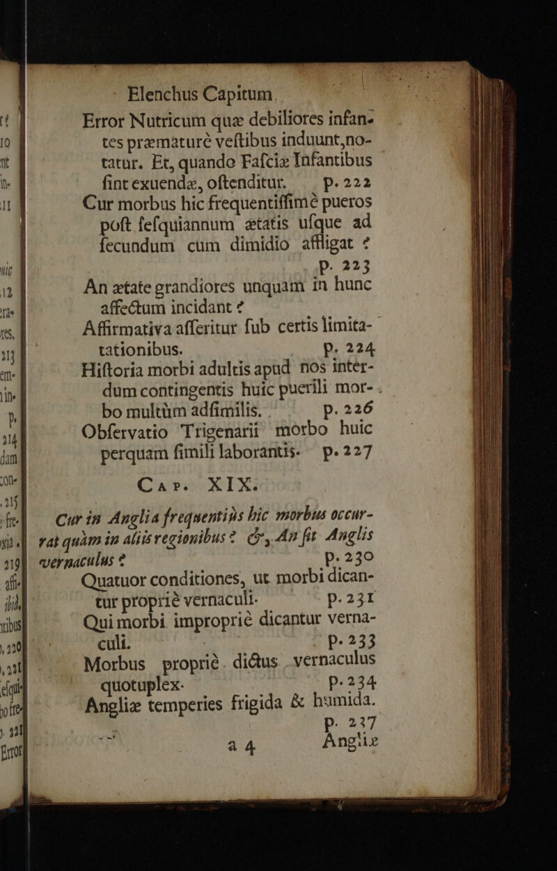 Error Nutricum qua debiliores infan- tes prematuré veftibus induunt,no- tatur. Et, quando Fafcie Infantibus fintexuenda, oftenditur. — p.222 Cur morbus hic frequentiffimé pueros poft fefquiannum tatis ufque ad fecundum cum dimidio affligat ? P. 225 An etate grandiores unquam in hunc affectum incidant ? Affirmativa afferitur fub certis limita- tationibus. p.224 Hiftoria morbi adultis apud nos inter- dum contingentis huic puerili mor- . bo multüm adfimilis. p.226 Obfervatio Trigenarii morbo huic perquam fimililaborants- — p.227 Ca». XIX. | Curin Anglia frequentius hic xmorbus occur- | rat quàm in aliis regionibus? Gr, An fir. Anglis verpaculus ? p.230 Quatuor conditiones, ut morbi dican- tur proprie vernacult- p.231 Qui morbi. improprie dicantur verna- culi. ED. 333 Morbus proprié. ditus . vernaculus quotuplex- p.234 Anglie temperies frigida &amp; humida. p.237