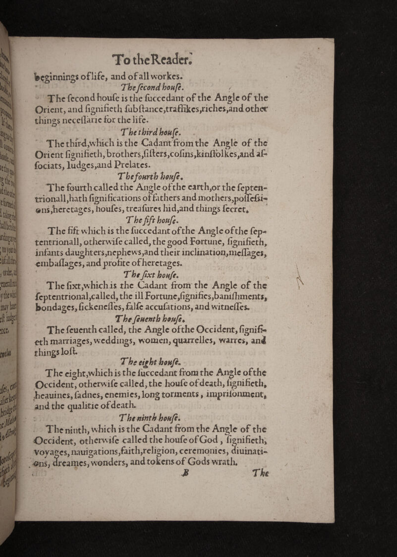 To thcRcader.' beginnings of life, and of all workes. Thefécond houfè. > The fécond houfe is the fuccedant of the Angle of the Orient, and fignifieth fub fiance,traffikes,riches,and other things necellkric for the life. The third houfe. The third,which is the Cadant from the Angle of the Orient fignifieth, brothers,fifters,cofins,kinflblkcs,and af> fociats, ludges,and Prelates. T be fourth houfe. The feurthcallcdthc Angle of the earth,or the fepten- trionall,hath fignifications of fathers and mothers, pouefsi- ®ns,heretagcs, houfes, treafures hid,and things fccrct, T hefift houfe. The fift which is the fuccedantofthe Angle ofthe fep« tcntrionall, other wife called, the good Fortune, fignifieth, infants daughters,nephcws,and their inclination,mcfîàgcs, emballages, and profite of herctages. The fixt houfe. The fixt,which is the Cadant from the Angle of the feptcntrionaljcalied, the ill Fortune,lignifies,bamlhmcnts, bondages, fickcnclles, falfc accufations, and witnelles. The fiuenth houfi. The feuenth called, the Angle ofthe Occident, fignifi¬ eth marriages, weddings, women, quarrellcs, warres, and things loll. The eight houfi* The eight,which is the fuccedant from the Angle ofthe Occident, otherwife called, the houfe of death, fignifieth, .heauincs, fadnes, enemies, long torments, imprilbnmcnt, and the qualifie of death. The ninth houfi. The ninth, which is the Cadant from the Angle of the Occident, otherwife called the houfe of God, fignifieth, Voyages, mitigations,faith,religion, ceremonies, diuinati- ons, dreames, wonders, and tokens of Gods wrath. JS The