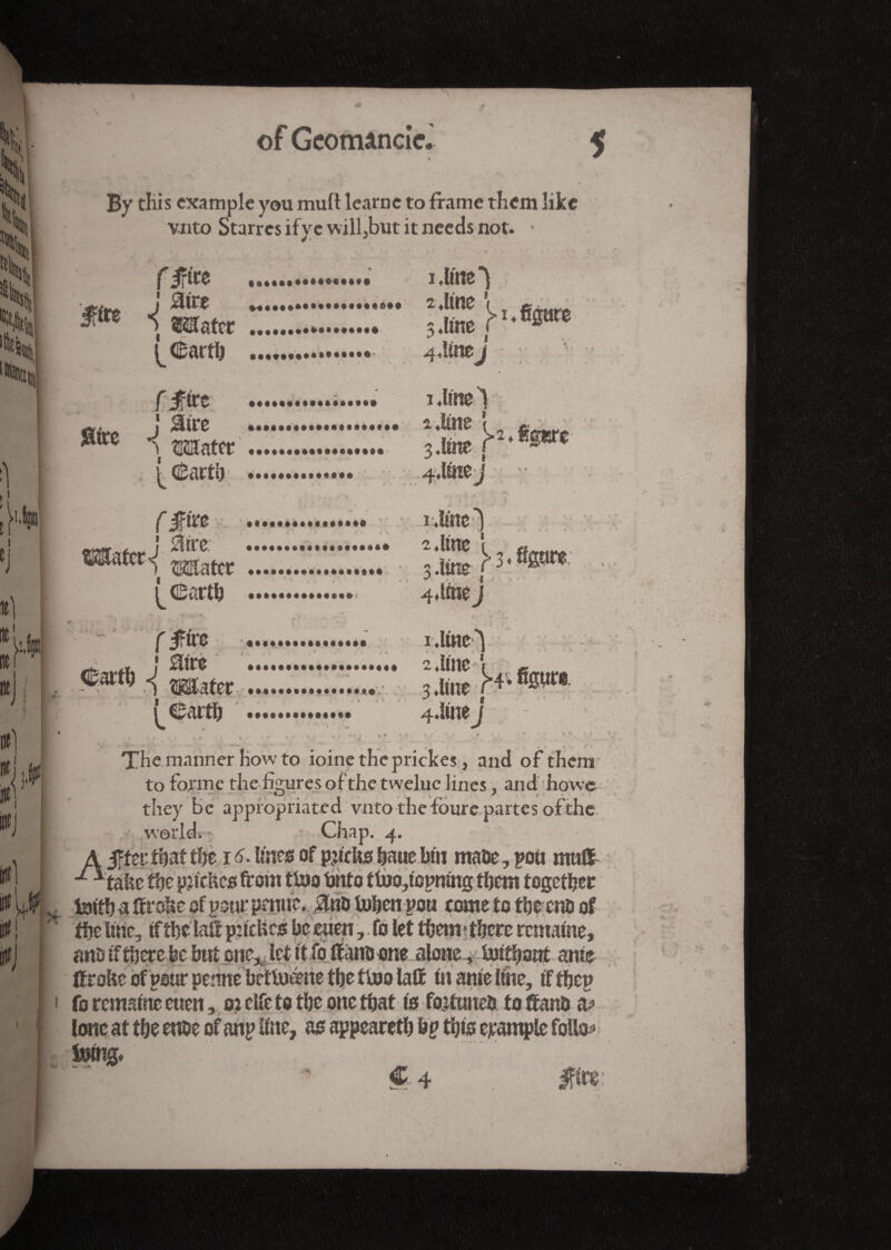 of Geotmncic. < By this example you mull learnc to frame them like vnto Starresifye will,but it needs not. * . » .. * * 1 \ 9 * * %' t \ * *- L. ^ f * ,1 * ' f frite ...... i.ltne^ ** 1 mm *£ }'■«*** ^Cartb ... 4,!mej f fixe . i.Une1 ’ J Etre .. a .Une î ^ master . 3 Aim f  * *$*** cSartU . 4Ainej ■ t ^ ' ■ ; ■ • i ffive ... ; rJineli mm ““ «S h,8sBW ©artb .. 4,linej <^arth <j 1!!!!!..!.!.3 2 K-fera (^artb .. 4.ïwej „ , . g .. , . # * I l ' ' • « « ' » / * ' S \ * # * . # . . % #• • • % - * * * * \ . 1 ■ ^ The manner Howto ioinetheprickes, and of them to forme the figures of the tweluc lines, and howe they be appropriated vnto the ibure partes of the world. Chap. 4. A jft er that the 16. Unes of pjtcIts baue bin mate, pou mull ■ *tafee the pjicbcs from tboo bnto tbJo,fcpffittg them together tettb^ droite of pour pmuc. #t?D tobenpou come to the enti of the Une, if the lair pucUcs be eaen, fo let them ? there remaine, anDiftljerefee but one^Ict it fo ftano one alone , ioitbaat ante Crohe ofpour penne betUiéne the ttoo latt «tame line, iftbep fo remaine eticn, or elfe to the one that is fottuneb to ftanb & lone at the euue of anp line, as appeared bp this example follow femtg.