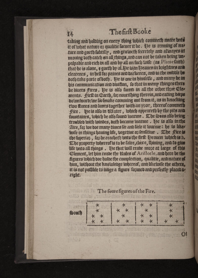 taking anO bolting on ctterp thing tObfcb it of tubat nature o? qualifie foeuer it be. |}e is renuing or na* ture a no goetb fubtilip, ano grotoetb ferrctelp ano altoapcs ûi mouing ootb catcb au allktbings,anO can not be taken being bit# palpable ano ricb in all ano bp all on fuel) inife (as Pliniefaitb) that be is alone, t goetb bp al.^e isjin l^eauen mbngbtnes ana clearenes, in bell fo? patnes anooarkenes, ano m tbe miODle bo Doth take parte of both ♦ ^eisoneinbinifclfe, ano manp be in bis communication ano OiuiHon, fo tbat in manp tbingestbere be oiuers fires ♦ $e is alfo fornto in ail tbe otber tb?œ Cle> ments. ftrfi in Oartb, fo? nouriibing tberein,ano eating Oæps DûbîntoarOitoe f& fmoke comming out from it, as in knocking tboo fiones ano limes together boitb an p?or, thereof commets fire, is alfo in Mater, tobieb appearetb bp tbe pits ana fountaines, tobicb be alfo founo Inarme . SCbe è>eas alfo being tcowbleo bottb toinoes, Ootb become tuarmc ♦ i^e is alfo in tbe £lire, fo? toe Ooemanp times fæanofæle it foarme? be is like* fenfe in things bauinglife, begefiue o? fenfittae . 2Cbe fare is tbe fuperio?, fo?bereadbetb Onto tbe firff ^eauen tobteb is d. SDbe p?opertp tobereof is to be faïre,clær e, fbining, ano to giue life Onto all things , ^ctbatfotll reaoe mo?eat large of this Clement, let bim reaoe tbe ttules of Ariftotle, ana bere be tbe figures tubicb ooe boloe tbe complection, qualifie, ano nature el bim, britbouttbe knofoleoge tebereof, ano Itkebrife tbe others, it is not pofllble to tu&ge a figure fo?meo ano perfectly placeo & v'-r j. r The fimre figures of the Fire. V : < > $o*tb f ... -- ^ 1 * * * 1 * » K * * * * 1 ■K tK * * * * * * * * , * -K * * !