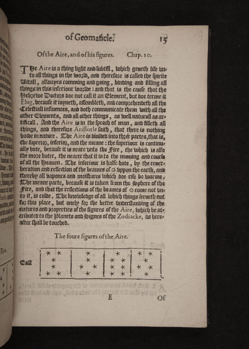 s > ï, 'jttjllUIJ) MK lotie, U ai® of Gcomafîdc; * » Ofthc Aire, and of his figures. Chap, i o. «te, mit ^ T* ï?e Aire is a thing light anbfubtfll, fobicb geueth life bn* to alltbings in the teotfb, anb therefore ts calleb the fpirite taitall, altoapes commtng anb going, binding anb filling ail things in this inferieur foojlbe : anb that is the caufe that the ^ebjefee Codons Doe not call it an Element, but Doe terme it Elug,bccaufe itiopnetb, affemblctb, anbcompjehenbetb all the CeleftiaU influences, anb both communicate them toith all the other Clements, anb all other things, as toell naturall as ar* ttftcall. i3nbthe Aire is in thefpcachof man, anb fillcth all things, anb therefore Anftotle faith, that there is nothing Ijoibe in nature ♦ Cbe Aire is btnibeb into tfyé partes,that is, the fupertoj, inferior, anb the meane : the fuperiour is continu* allphote, becaufe it is neare tttfo the jf ire, the tohich tsalfo the mo?e hoter, the nearer that it is to the mcouing anb course ofallthe^eauen. Che inférieur ishalfcbote, bp fhereucr* beration anb reflection of the beames of o hppon the earth? anb therebp all bapours anb mcifturcs tuhieh boe rife be toarme *•’ Che meane parte, becaufe & is fatten from the Sphere of the #ire, anb that the reflections of the beames of o come not bm to it, is colbe, Che hnotulebge of all tohich things ferueth not fa: this place, but onelp foj the better bnberffanbing of the natures anb properties of the figures of the Aire, tuhieh beat* tributebto the planets anb lignes of the Zodiackc, as here* after $all be touebeb. fire* X1 I * * t jy I The fburc figures ofthe Aire. f V V t * : f. * * *. . * ' * *i. * i< •K 1 * * * * * * * * * -k ; * * 1; * 1 ! * *