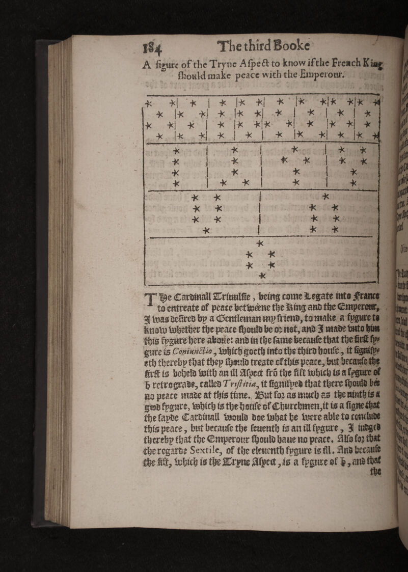 A figure of the Trytie Atpedt to know if the French King; fkould make peace with the Einperom*. X |X *| -X *1* -M I* X| -X -X xj -x * 1 * 1 •x ■X -X X XX *| ■X x -xj •x : -X -X | -x !* -x ■X -x -x -X -X •X ■X ■x ■X ■X •X -x •X ,! X -X •X -X X x X x X X •x -x 1 •x -x -, * •X X . - x 1 -X •X X X X X X X u';4 ■X -x t-jl Wfl x x . ' ' JÊ' '1.44,1 «X nr $e Carowall SrumlSe, being come legate into .franco 1 to enfreate of peace betiæène the King and the <£mper«tr, 3 loss detlred bp a Gentleman mp friend, to make a fvprcte fenaiu together the peace fljould be m itst, and 3 made iatto him this fpgare here aboue: and in the feme becaufc tbat tbefirfi Xvj gure is Coniuncha, isjfsict} goetb into the ttjirD boufe, it fipifiv etlj tbcrcbptbat tbep fyoula treate eftbts peace, but becattfe the gr® is bebdd bjitb an til $fpeet fro the 8ft iobtcb is a figure of h retrograde, called T'nfiitu, it ggmfpcd that there fçoulfi b« no peace made at tin's time, ^ut fo? as much as the ninth is « god fpgnre, tebicb ts the boufe of Cb«rcbmen,it is a fignetbaf the fapdc Cardinal! luoula doe tobat be tecrc able to ctiulu&e this peace, but becatife tlje feuentb is an til fpgure, 3 tuticB tbcrefep that the Cmperour fbouto baue no peace, Slfo foj that tberegarde Sextile, of the elcncntb fpgure i® iU. Btt$ tsccatifc £&e gft, tubidj is the SCcvnc $fpcct, is a fpgure ot’b, an*1 tW