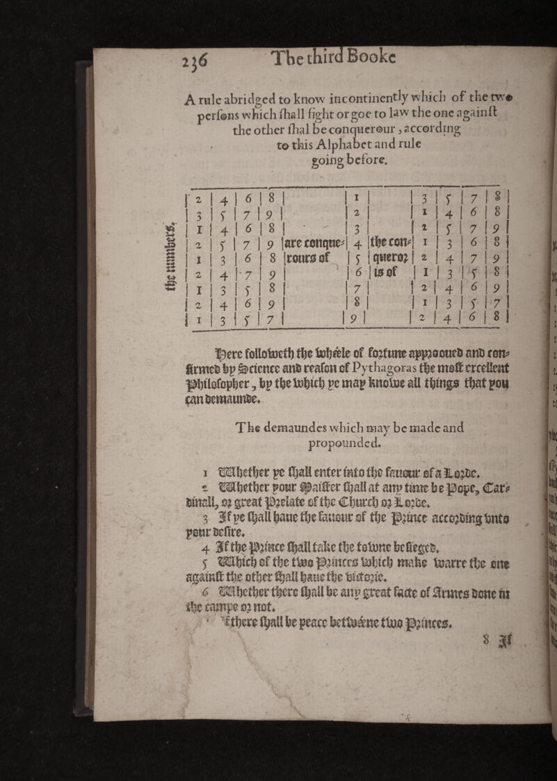 the numbers. îj6 Tbethir Bookc * * A rule abridged to know incontinently which of the tv<> perlons which fhall fight orgoe to law the one again It die other fhal £>e conquerour, according to this Alphabet and rule going before. i 6 I ! 7 8 1 r\ 3 S' 1 7 i 9 1 » • 2 I 4 6 8 1 1 4 1 6 8 ! * X y 1 s 7 9 n émt S' 1 7 | 9 |areconquer 4 the com I 3 6 8 j I 3 . 6 8 roursof S | quero? 2 4 7 9 I 2 4 ' 7 9 1 6 110 of 1 I 3 s 8 i S' 8 i 7 1 2 ! 4 6 9 2 4 6 9 8 i ! 3 s 7 1 I 3 s' 1 7 i 1 9 1 1 2 1 4 1 6 ! 8 Ï3erc follotoetf) the tubéle of fortune sppjocueb ano com grmcîi bp Science ans reafon of Pythagoras the moffi errclient pbtlofopher, bp the tobteh pc wap bnotoe all things that pou canûcraaimiie. y -v- The demaundes which may be made and propounded. i tsfttbcfber pc Hjall enter mt a the fauour ef a ïiozfce. e Whether pour ^atffcr fball at anp time b e pope. Car? Small, n great pjciatc ef tfee Church ojio:i:e. 3 3f pe fliaU baue the tour of tlje f^tnee acceding huts pour bctïre* 4 If the pjmcc fhall take the tstune befieges. 5 Mhtch of the two f&iuecs Which make Warre the cite agamft the other Shall baue the bfitcwc. 6 Whether there Shall be anp great facte of 0rmcs bene m the camp o? not. ' t there fyall be peace betWto ttuo pmcc$< ' s 4 •