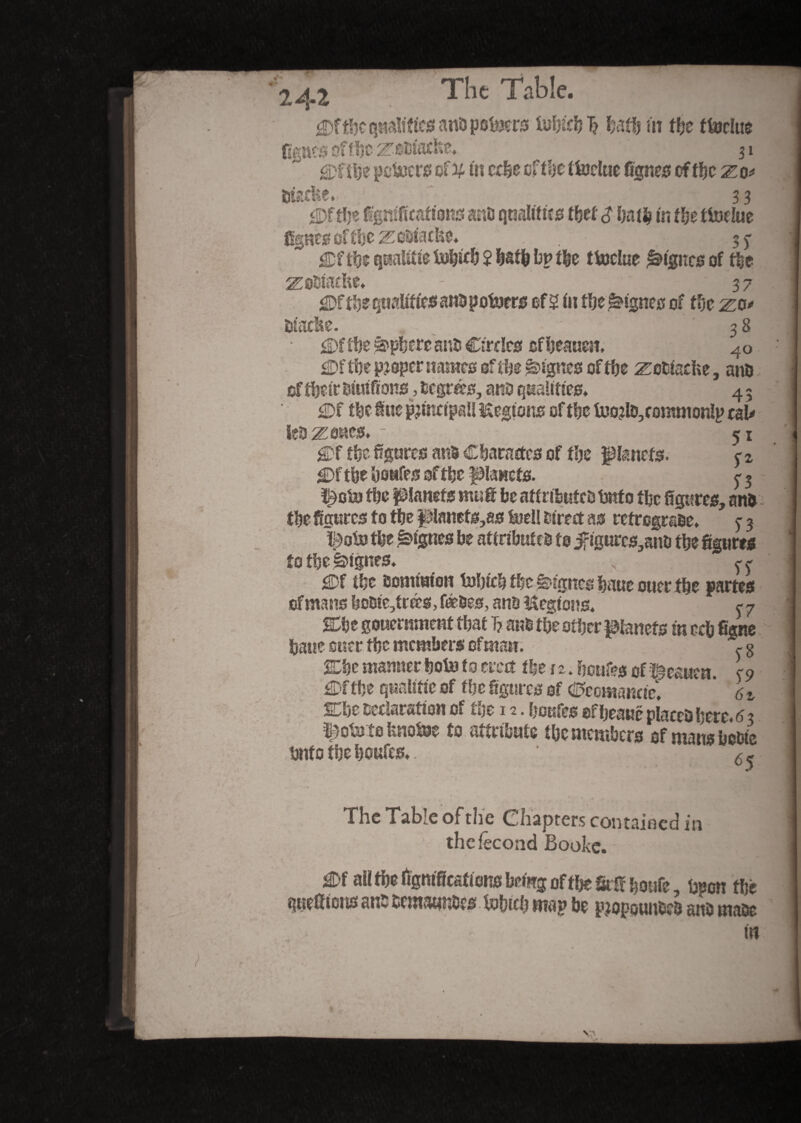 \ 2^2 The Table. <©f tbe Qualities and powers iubfcbl? batb fit ffje ttoriue fignes of tbe ^odtacfte, 31 gDftbe petoers of v fit ccbe of tl>e ttoclue lignes of tbe xo* dutefie. 1 S3 <Df tl}e figmficaftons and qualities tbet $ balb in tbe ttoriue figHCO Of i'fjC X Odfacfee* . 3 j $Dftbe qesalitte fobitb 2 bstb bp tbe tfoclue lignes of tbe Biache, - 3 7 £Dftbe qualities and potoers of 2 in tbe feignes of tbe x,o* lie. ' ' 38 • £DC tbe fepberc and Circles ofbeauen, 4 0 £Df tt)e proper names of tbe lignes off be ^odtache, and eftbeir diuifions, degrés, and qualifies, 4 5 £>f tbe fine principal! Regions of tbe lDorld,rommonlp caU led x sues* _ M tbz figures and Cbaractes of foe panefs. ^ z £)f tbe ïjsufes of tbe planets. ^ 3 ^o& tbe planets mat be attributed but0 fbc figures, ana fbe figures to tbe |danets,as fed! direct as retrograde, 5- 3 l£oto tbe lignes be attributed to jf igurcs,snd tbe figures to tbe lignes, , ^ ^Df tbe dominion tobicb tbe feignes baue ouer tbe partes of mans bDdie,trtes>fé&es, ans Hegions, c 7 %%t gouernment tbat T? and tbe other planets in ecb fiene bane oner tbe members cfman. <■ g ffibe manner bol» to erect tbe n. boufes of î^eauen. <9 flDf tbe qualifie of tbe figures of titfeemmie. 6 z Cbe declaration of tbe 12. boufes of ijeaue placed here. 6 3 jointe feno&c to attribute tbe members of mans bedie Unto tbeboufes,. ' 6l. The Table of the Chapters contained in the fécond Booke. m all tbe figmfieations bring of tbe W boufe, bnon tbe qneffions ans demandes tobicl? map be propounded and made m v*.