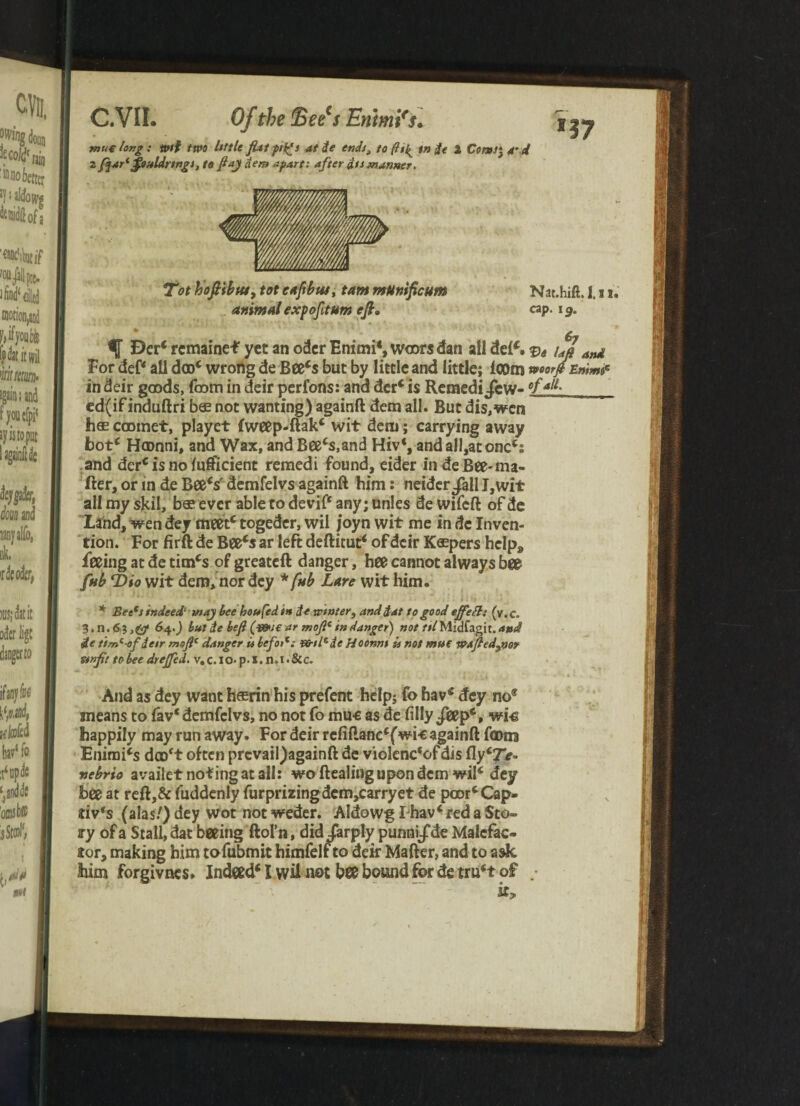 *37 C.VII. Of the <Beets 'EntmYs. muelorg: wtf two little fiat pt^s at de endsi to fttt^ in de i Corns} a d 2/jar*gouldrtngs, to fia) dem apart: after its manner. Tot hoft'tbtUy tot ettfibut, tarn mUmficttm Nat.hift. 1.11. animal expofitum efi. cap. i g. * c7 Bcr4remainef yetanoderEnimiSwoorsdan all del4. ve lap and For def4 all da>4 wrong de Bee4s but by little and little; loom worfi Enimfi in deir goods, foom in deir perfons: and der4 is Remedi/cw- °falt- ed(if induftri b® not wanting) againft dem all. But dis, wen has coomet, playet fweep-ftak4 wit deni; carrying away hot4 Hconni, and Wax, and Bee4s,and Hiv4, and all,at one*: and derc is no efficient remedi found, eider indeBee-ma- fter, or in de Bee4sr demfelvs againft him: neider/all I,wit all my sjul, b« ever able to devift any; unles de wifeft of de Land, wen dey meet4 togeder, wil joyn wit me in de Inven¬ tion. For firft de Bee4s ar left deftitut4 of deir Kaspers help* feeing at de timcs of greateft danger, hee cannot always bee fub T)io wit dem, nor dey *f»b Lare wit him. * Beecs indeed' may bee bon fed in de winter, and dat to good efife ft: (y. c. 64.) but de befi (v&te ar mofi* in danger) not ftlMidiagit.and de tirn*-of detr mofi* danger is befogs wnl*de Hoorsm is not mtte wafiedyoov unfit to bee dre/fed. v.c.io-p-x.n.i.&c. And as dey want hasrin his prefent help; fo havs dey no® means to lav* demfelvs, no not fo muc as de filly /eep4, wi-e happily may run away. For deir refiftanc4(wi-e againft f©m Enirai4s doo't often prcvail)againft de violcnc‘of dis (Iy47V» vebrio availet noting at all: wo Healing upon dem wil4 dey bee at reft,& fuddenly furprizingdem,carryet de poor4 Cap¬ tives (alas/) dey wot not weder. Aldowg I hav4 red a Sto- sry of a Stall, dat beeing ftofn, did/arply punni/de Malefac¬ tor, making him tofubmit himfelf to deir Mafter, and to ask him forgivnes. Indeed41 wil not bee bound for de tru4t of .