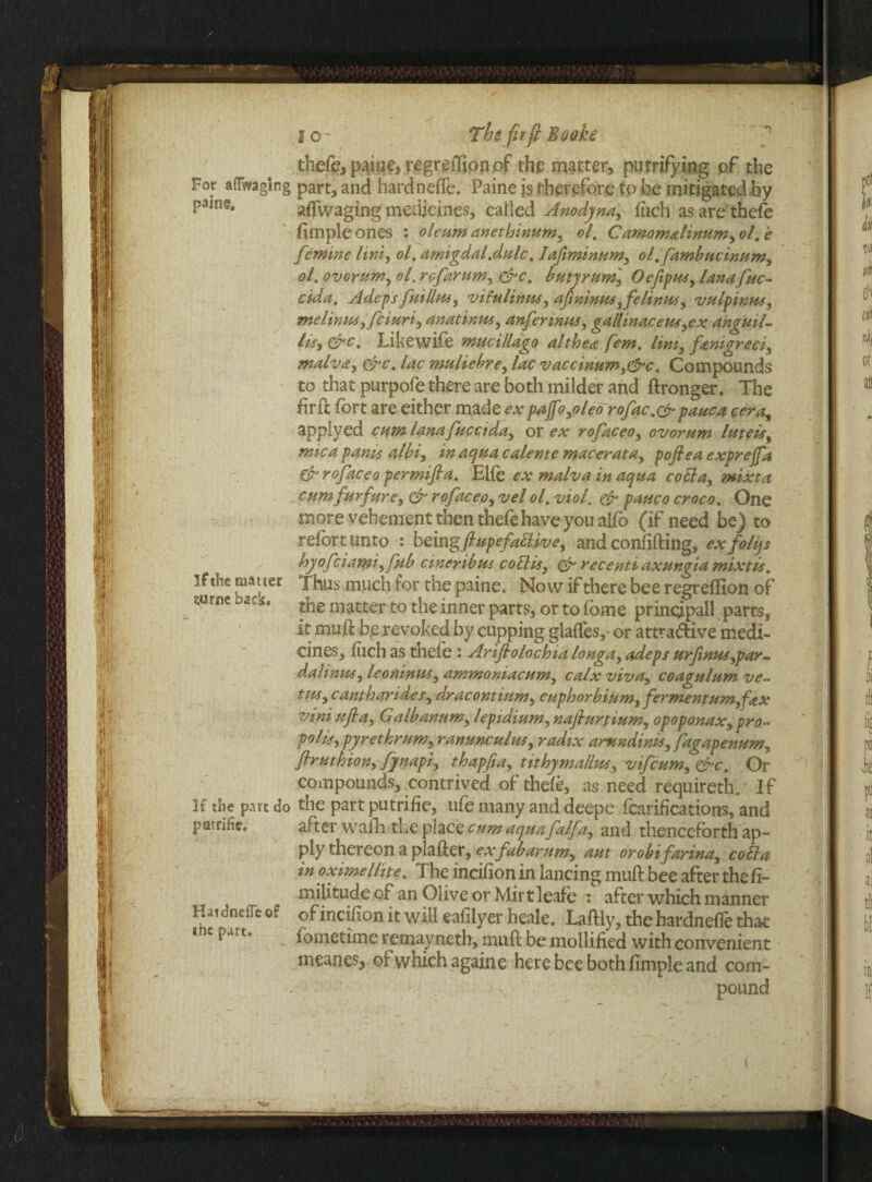 / r -V fi1 ill 10' TbefirftBooke ft* thefe, paine, regreffion of the matter, putrifying of the For aitwaging part, and hardneffe. Paine is therefore to fee mitigated by painf* affwaging medicines, called Anodynay filch as are thefe fimpie ones : oleum anethinumy ol. CamomAinumy ol. e femme lmiy ol% amigdal,dulc, lafimintim, ol,fambucinum3 ol, ovorumy ol, rcfarumy &c, butyrumy OeJipnsy lana fuc- cida, Adept fuilhtey vitulinos, afmimteyfelinns, vulpinm, melinite yfciuriy anatinusy anferinitey gallmaceWyCx anguil« //if, &c, Likewite mucillago althea fern, limy femgreciy malv(Zy &c, lac mu lie hr ey lac vaccinumy&c, Compounds to that purpofe there are both milder and ftronger. The fir ft fort are either made ex pajfoyoled~rofac,&pauca ceray applyed cum lana fucciday or ex rofaceoy ovorum lutei$% mica panis albiy in aqua calente maceratay poftea exprejfa & rofaceo permifla, Elfe ex malva in aqua coEla% mixta cum furfurey & rofaceoy vel ol, viol, pauco croco, One more vehement then thefe have you alfb (if need be) to refbrtunto : being ftupefa£livey and conftfting, exfiiijs hyofciamiyfub cineribite coEltey & recentt axungia mixtit, if the mat ter Thus much for the paine. Now if there bee regreffion of mm buz, the matter to the inner parts, or to fome prinqipall parts, it mnft be revoked by cupping glaffes, or attra&ive medi¬ cines, fiich as thefe: Artftolochia longay adeps ttrftnHsypar- dalimtey leoninmy ammo mac urn y calx vivay coagulum ve~ titeyCantharideSy dracontiumy euphorbiumy fermentumfax vini uftay Galbanumy lepidiumy nafturpiumy opoponaxy pro- policy pyrethrum, ranunculuty radix arttndinisy fagapenum, ftruthiony fynapiy thapfiay tithymallmy vifcumy &c, Or compounds, contrived of thefe, as need requireth. If If die part do the part putrifie, ufe many and deepe fcarifications, and pQtrific; after wafti the place cum aqua falfay and thenceforth ap¬ ply thereon a plafter, ex fabarumy aut orobtfarinay coEla in oximellite. The incifion in lancing muft bee after the fi¬ nal lit iide of an Olive or Mirt leafe : after which manner Haidneffitof of incifion it will eafiiyer heale. Laftly, the hardneffe that l'nc prt‘ - fometime remayneth, muft be mollified with convenient meanes, of which again e here bee both fimple and com¬ pound .* « * ' < < i*