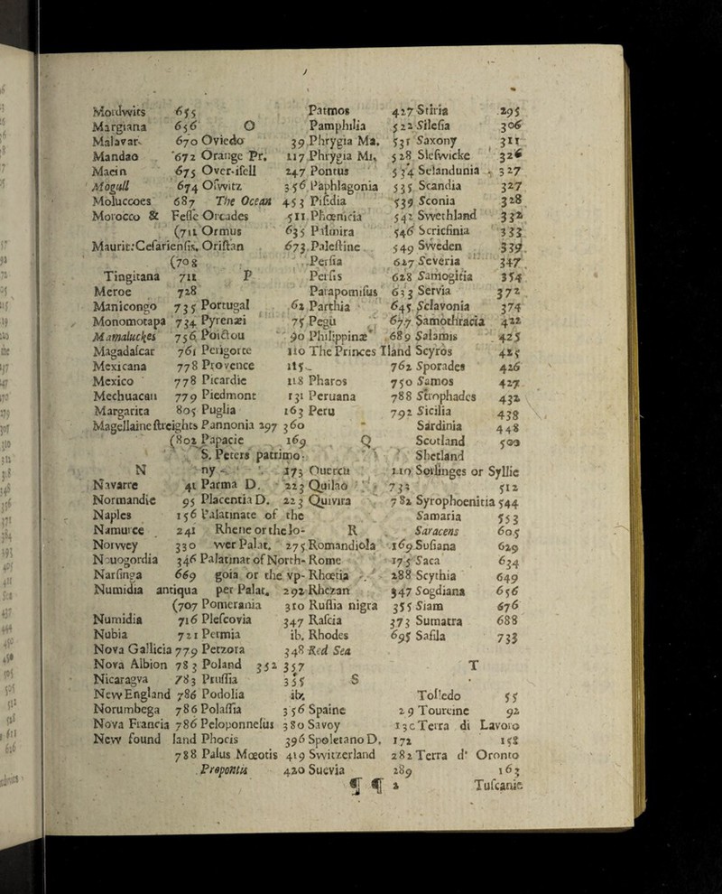 Mortlwits Margiana Mabvarv Mandao Macin Mogtill Moluccoes Morocco & 656 O 670 Oviedo '672 Orange Pr. 675 Ovcr-ifell 674 Ofwitz 687 The Ocean Feflc Oi cades Patmos 42,7 Stiria Pamphilia 522 Silefia 3 9,Phrygia Ma. *31 Saxony 117 Phrygia Mu 5 28 Slefwicke 247 Pontus 5 3*4 Selandunia 356 Paphlagonia 555: Scandia (711 Ormus Maurit.'Cefarienfis. Oriftan ( 7° 8 Tingitana 711 P Meroe 728 Manicongo 737 Portugal Monomotapa 734 Pyrenaei Mmaluckes 756 Poiclou i !fi 453 Pihdia 511 Phoenicia 635 Palmira 67 \ Paleftinc Perfia Pci ft s Parapomifus 61 Parthia 7* Pegu ,; 739 Sconia 542 Swethland 546 Scricfinia 5 49 Sweden 627Severia 628 Samogitia 63 3 Servia 64 S Scl avonia 67.7 Samothracia 295 3°^ 311 32* 327 327 328 33* 333 339* 347 3*4 372 374 412 425 Magadafcar 761 Pcrigorce no The Princes Hand Scyros 41* Mexicana 778 Provence it*- 762 Sporade* 426 Mexico 778 Picardic u 8 Pharos 750 Samos 427 Mechuacan 779 Piedmont 131 Peruana 788 Strophades 43* V Margarita 8of Puglia 163 Peru 792 Sicilia 438 \ Magellaine {heights Pannonia 297 36° Sardinia 448 (802 Papacic 16a Q Scotland yoo> S. Peters patrimo - Shetland N Navarre Normandie Naples Namurce Norwcy N ouogordia Nar(in?a ny - 173 Oucrcu 41 Parma D. 223 Quilao 95 Placentia D. 223 Quivira 156 palatinate of the 241 Rheneorthelo- R 330 wcrPalat. 27^Romandiola 346 Palatinat of North- Rome 669 goia or the vp- Rhaetia mo Soilinges or Syllie 753 *12 7 Sx Syrophoenitia ^44 Numidia antiqua pet Palat, 2 92Rhczan (707 Pomerania Numidia 7i6Plefcovia Nubia 72iPeimia Nova Gallicia 779 Peczora Nova Albion 783 Poland 352 Nicaragva 783 Pruffia New England 786 Podolia Norumbega 786Pola(fia Nova Francis 786 Peloponnelus New found land Phocis Samaria Saracens 169 Sufiana 17 5 Saca 288 Scythia 347 Sogdiana 310 Ruflia nigra 355 Siam 347 Rafcia ib. Rhodes 348 Red Sea 357 3 5* S ibi 356 Spaine 380 Savoy 396 SpoletanoD, 788 Paius Moeotis 419 Switzerland Prmttti* 420 Suevia f f 373 Sumatra 69* Safila ToFedo 2 9 Toureinc 13cTerra di 172 282 Terra d* 289 x 55 3 605 6x9 634 649 656 676 688 733 s. 5* 92 Lavoro K2 Oronto 16 3 Tufcanie