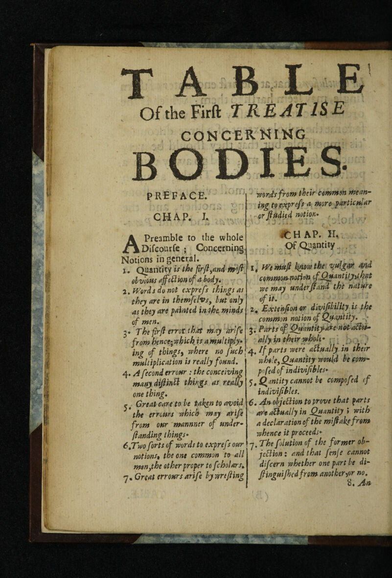 CONCERNING PREFACE. CHAP. I. words f rom their common mean¬ ing to exprefs a more- particular or Jludied notion• A ^ A A Preamble to the whole Difcourfe ; Concerning Notions in general. I. Quantity is the fir/l,and mfi obvious affeftion of a body. 2. Words do not exprefs things as they are in themfelvs, but only as they are painted in ibe minds of men. y The fir ft error that may arlf ? from hence; which is a multiply• ing of things, where no fuck multiplication is really found. 4. A fecond err our : the conceiving many diftintt things as really one thing. ^ # Great care to be taken to avoid the ernurs which may arife from our mannner of under- /landing things• 6BTwo forts of words to exprefs our notions, the one common to all men}the other proper to fcholars, 7. Great err ours arife by wnfiling CHAP. H, . Of Quantity . 1J • A 1, Wemuft know the vulgar and common notion if Quant i ty hat we may underfi and the nature of it. ' # ; 2# Extenfton or divifibility is the common notion of Quantity. 3. Parts of'Quantity atenataBu- ally in their wboli* , If parts were actually in their wholey.Quantity would be com- pofed of indivifihles* 5 .Quantity cannot be compofed cf indivifihles. 6. An objettion to prove that farts art actually in Quantity 5 with a declaration of the mifiakefrom whence it proceeds* ! 7. The folution of the former ob¬ jection: and that fen/e cannot difeern whether one part be di- fiinguijhedfrom another yr no. 8. An